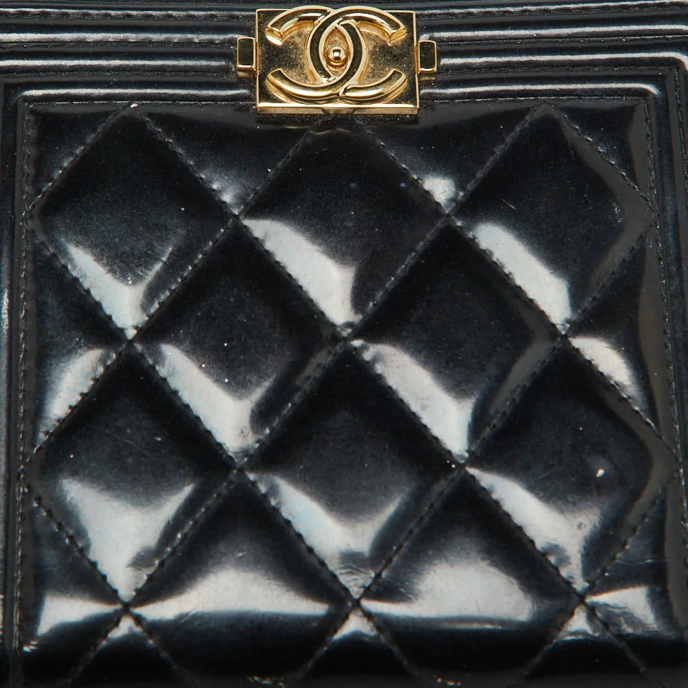 CHANEL Black Quilted Patent Leather Boy Zip Around Wallet