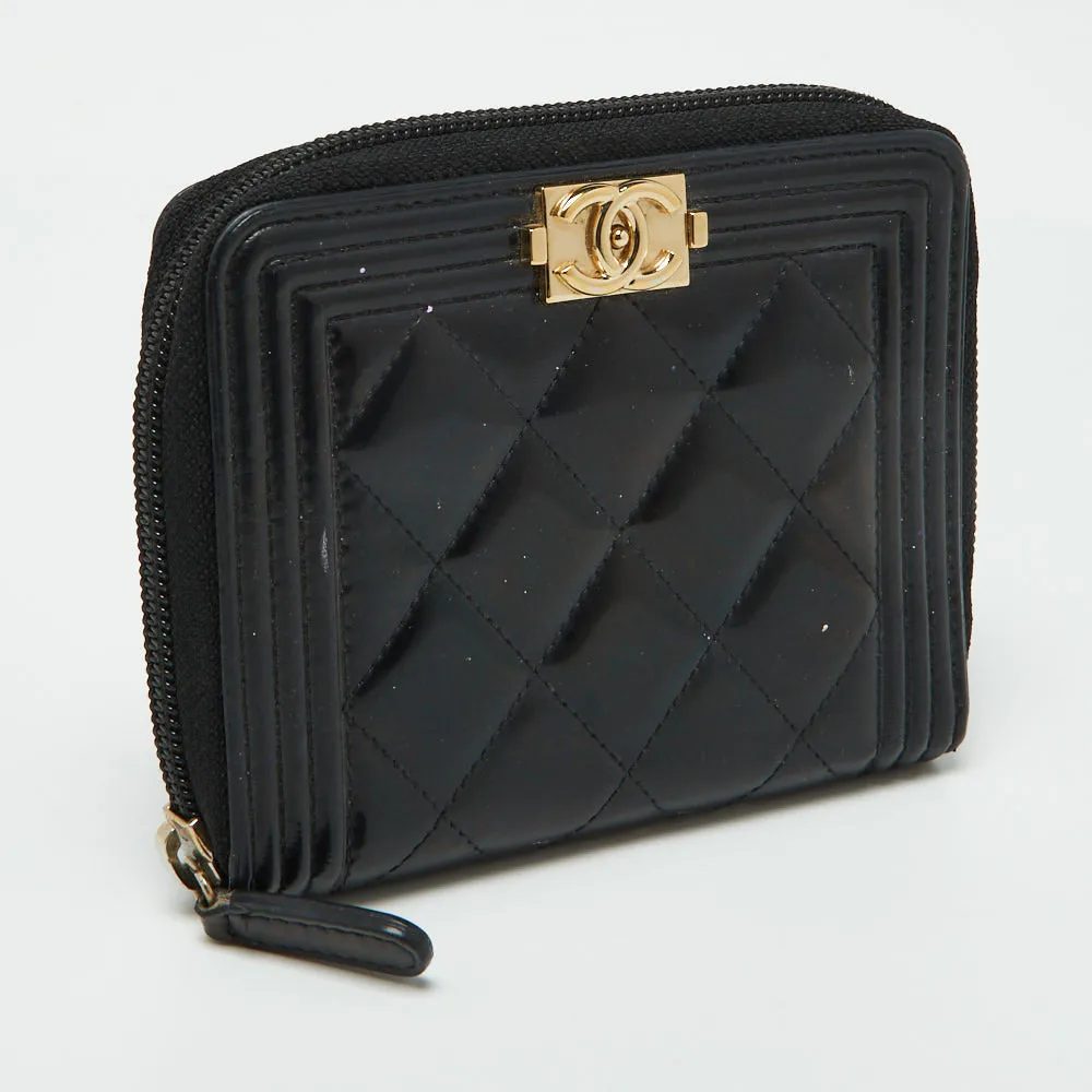 CHANEL Black Quilted Patent Leather Boy Zip Around Wallet