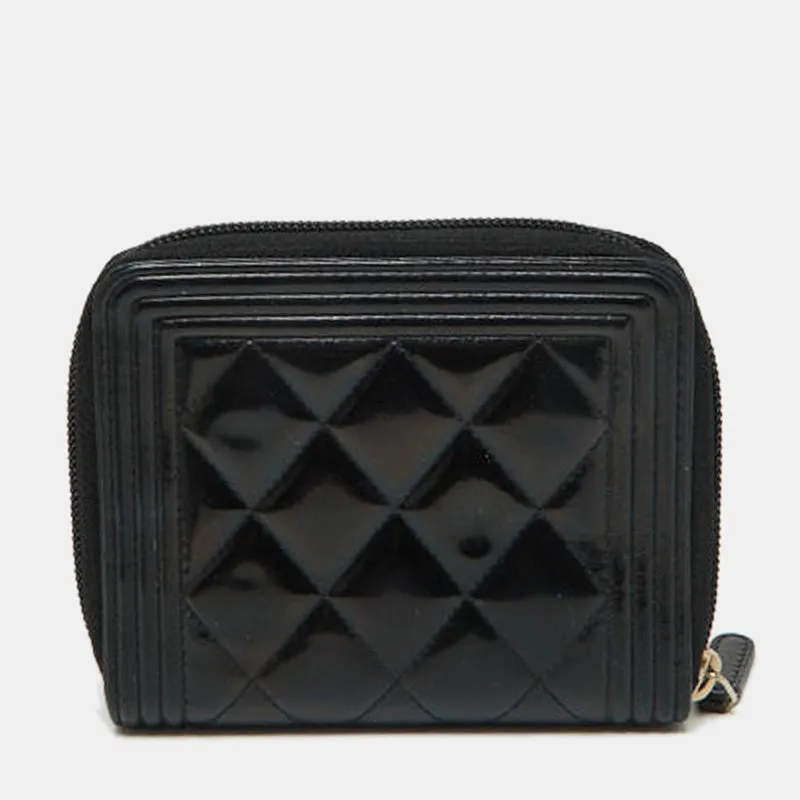 CHANEL Black Quilted Patent Leather Boy Zip Around Wallet
