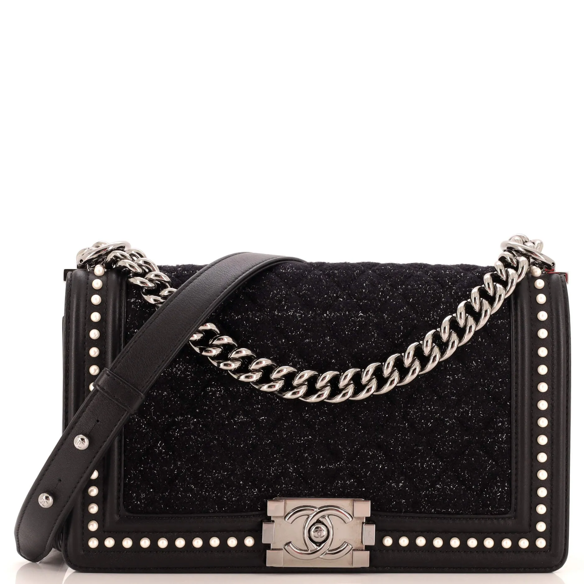 CHANEL Boy Flap Bag Quilted Tweed with Pearl Embellished Calfskin Old Medium
