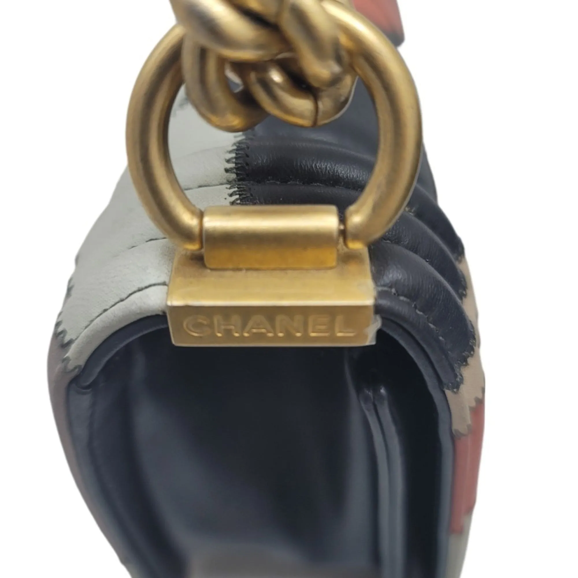 Chanel boy shoulder Bag 2WAY camellia navy multicolor G metal fittings No. 24 compact women's men's unisex