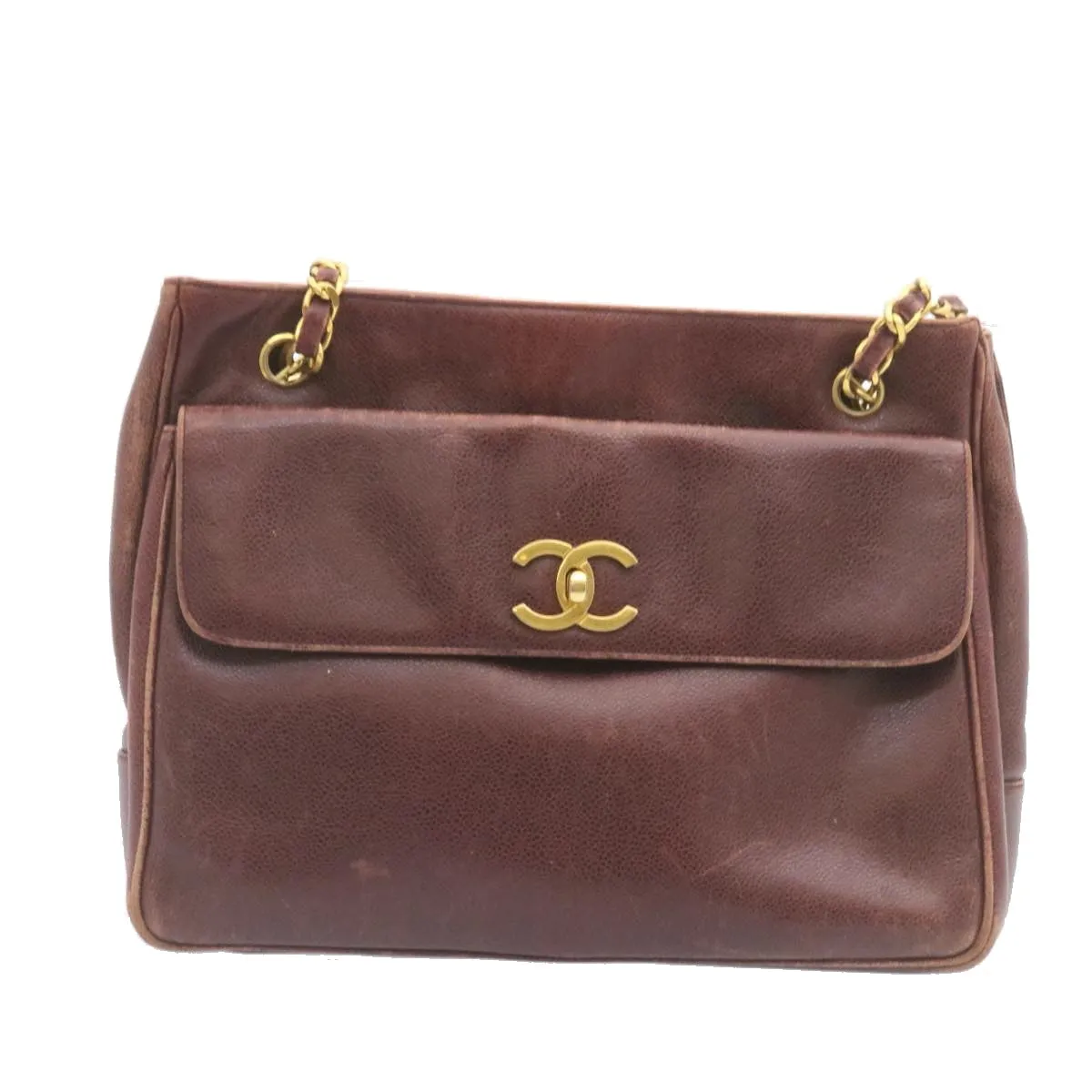 Chanel Caviar Skin Turn Lock Chain Shoulder Bag Bordeaux CC  24807A