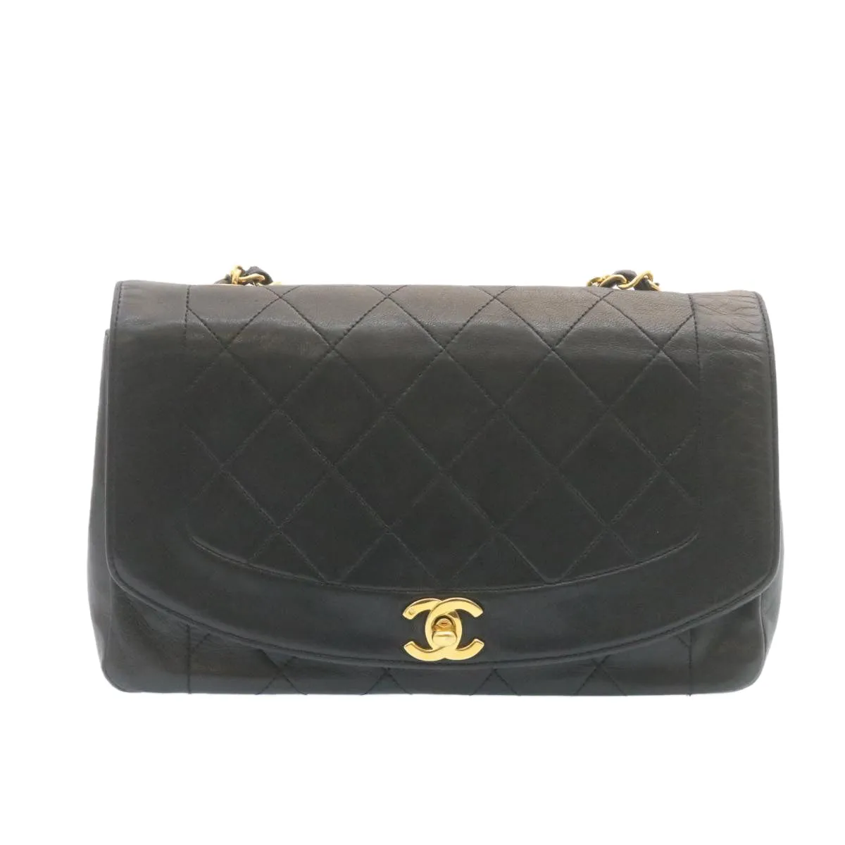 CHANEL Chain Turn Lock Diana Matelasse Shoulder Bag Lamb Skin Black  28282A