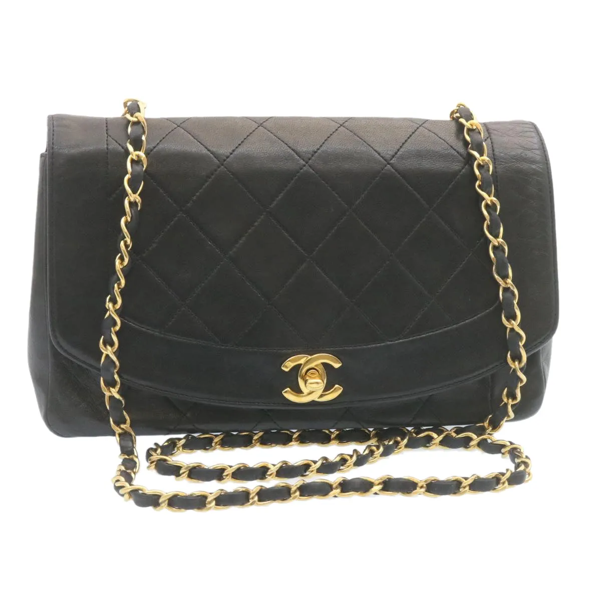 CHANEL Chain Turn Lock Diana Matelasse Shoulder Bag Lamb Skin Black  28282A