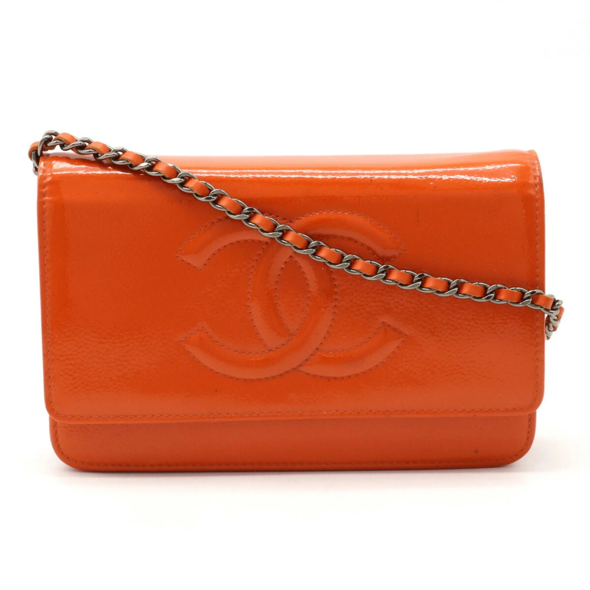Chanel Coco Mark Chain Shoulder Bag Patent Leather Enamel Orange 8654