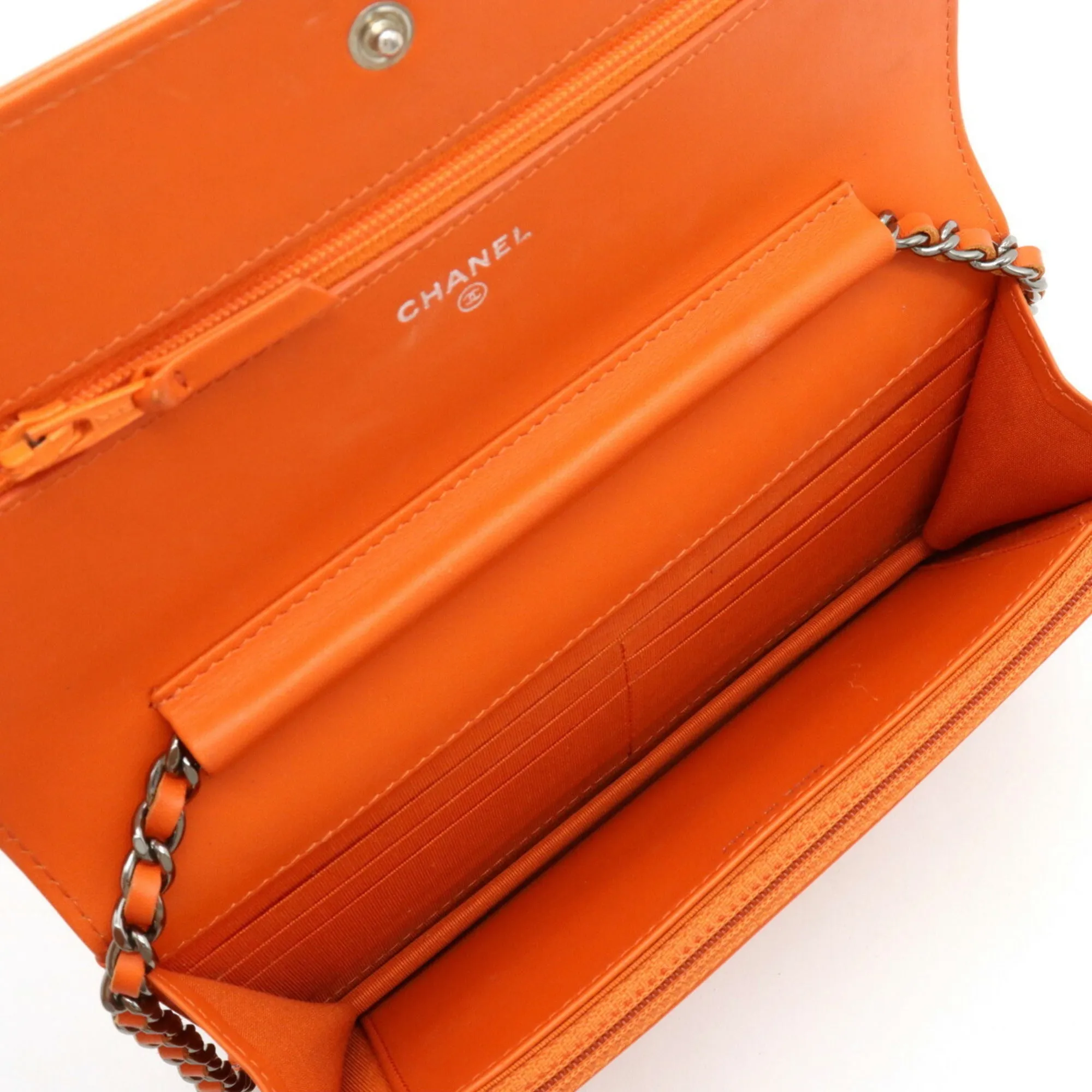 Chanel Coco Mark Chain Shoulder Bag Patent Leather Enamel Orange 8654
