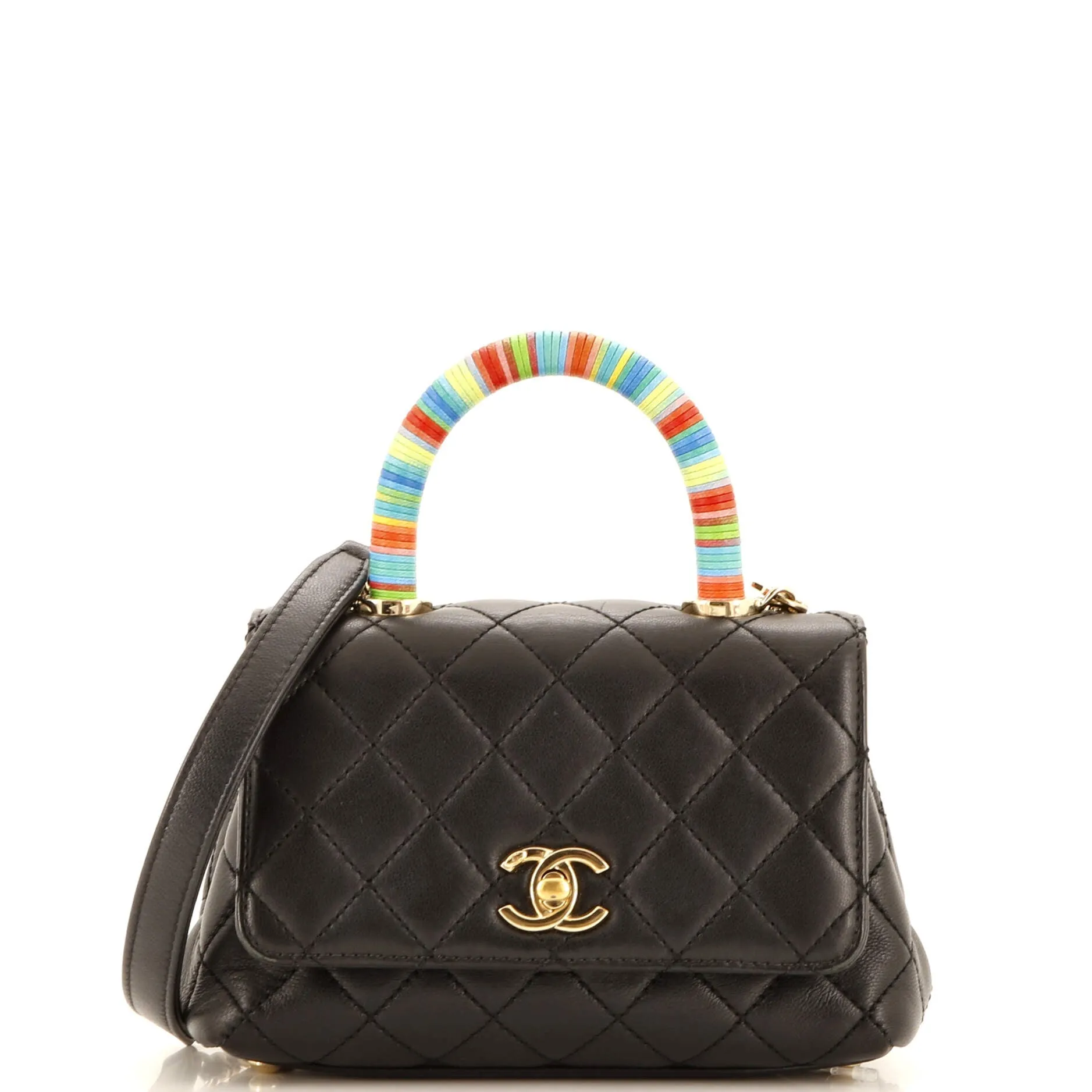 CHANEL Coco Top Handle Bag Quilted Goatskin with Multicolor Handle Extra Mini