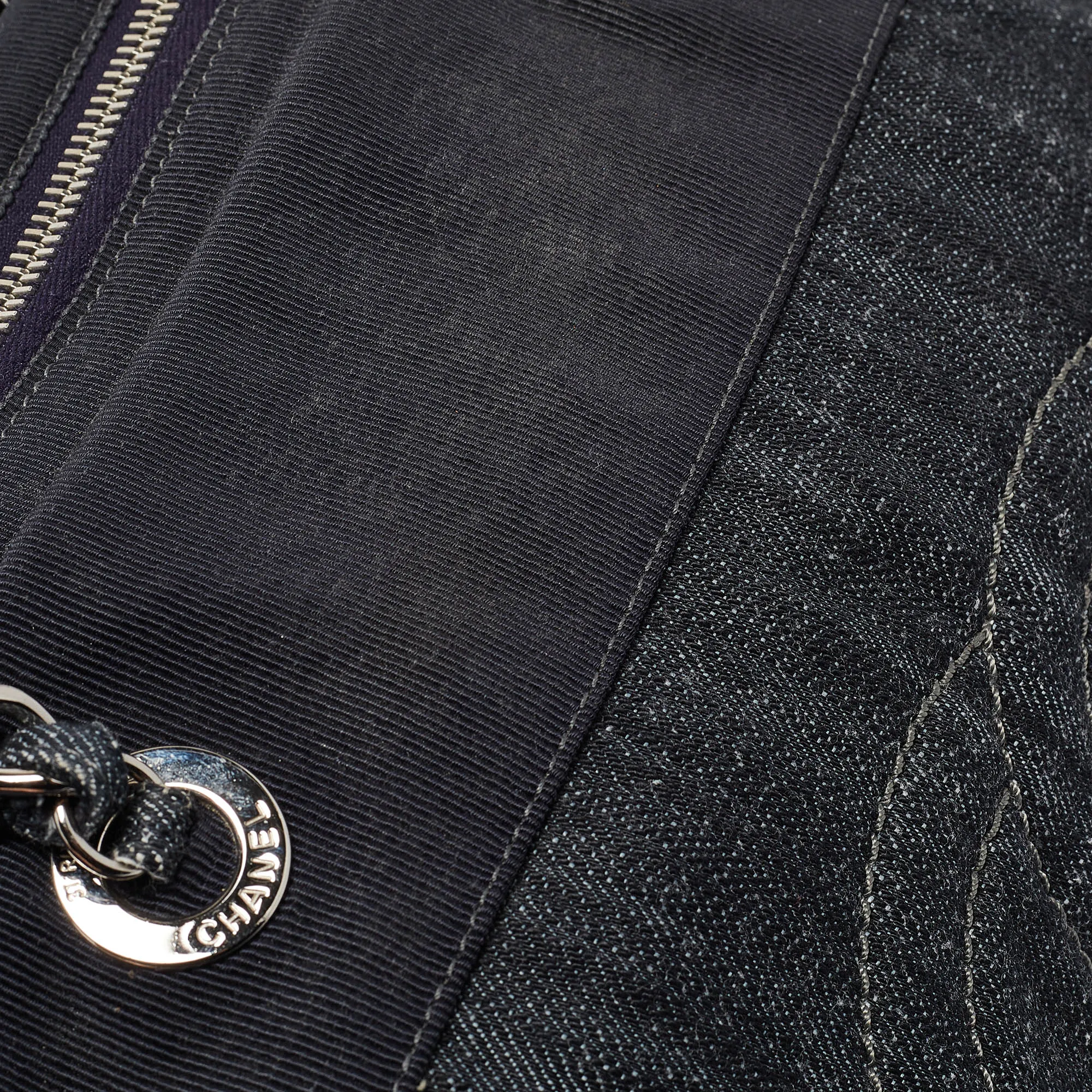CHANEL Dark Blue Quilted Denim Bowler Bag