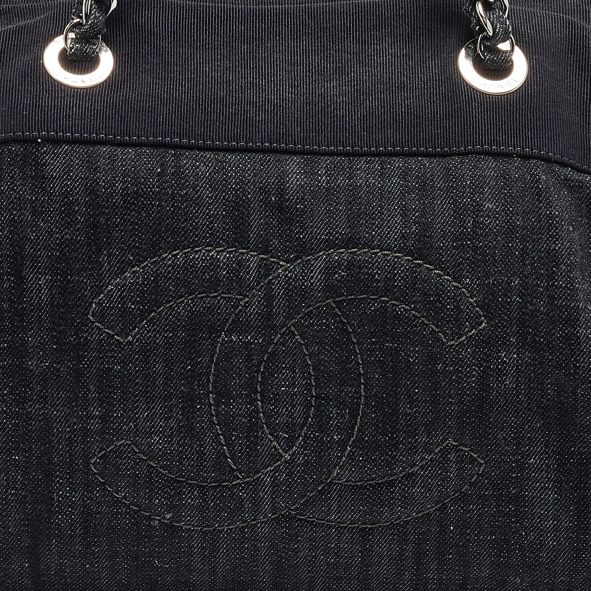 CHANEL Dark Blue Quilted Denim Bowler Bag