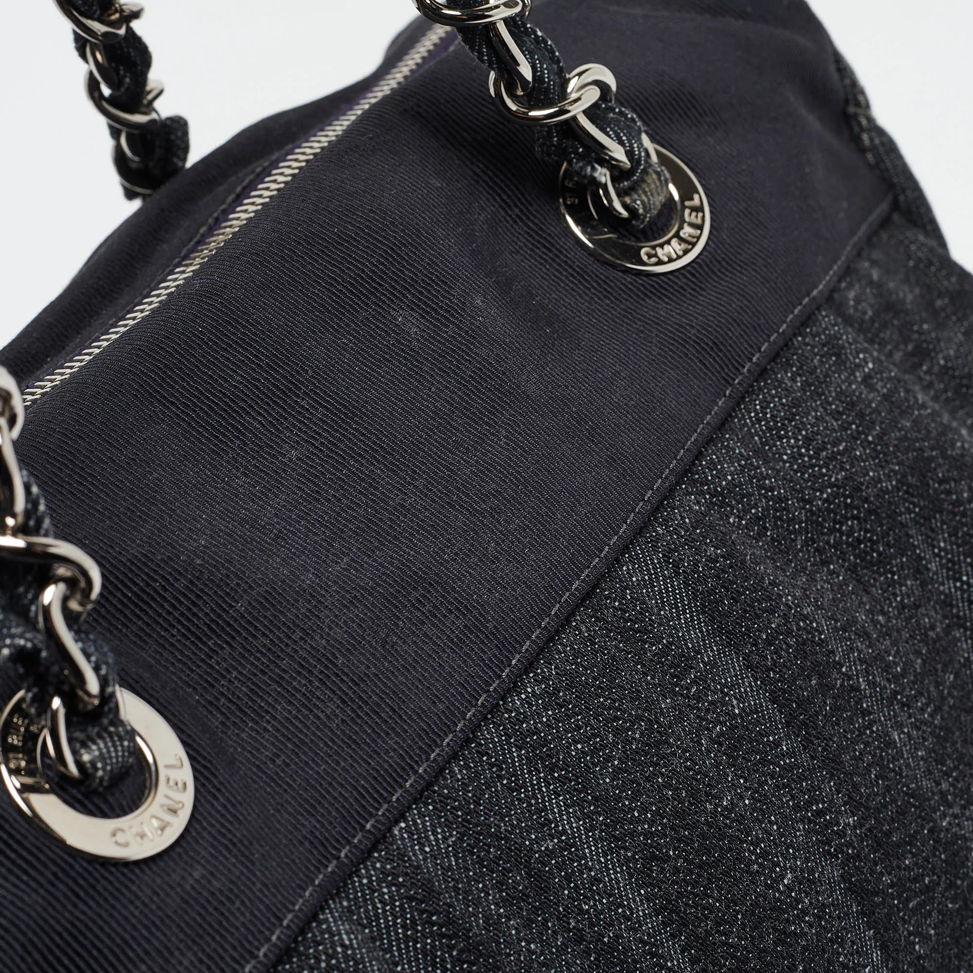 CHANEL Dark Blue Quilted Denim Bowler Bag