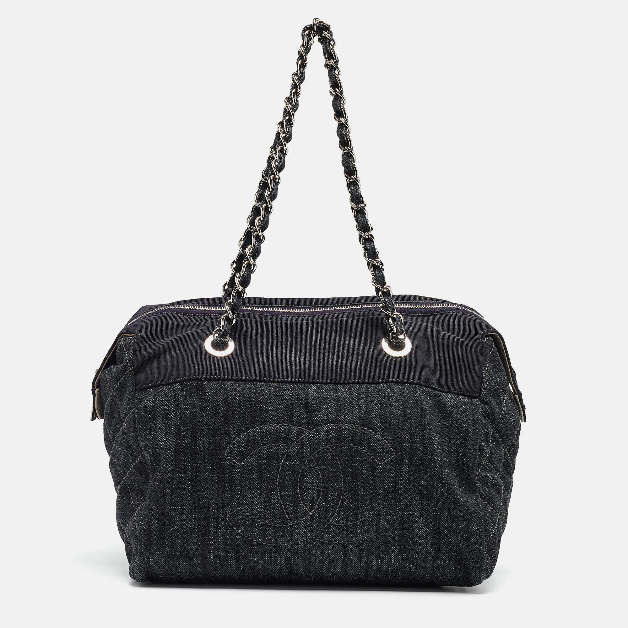 CHANEL Dark Blue Quilted Denim Bowler Bag