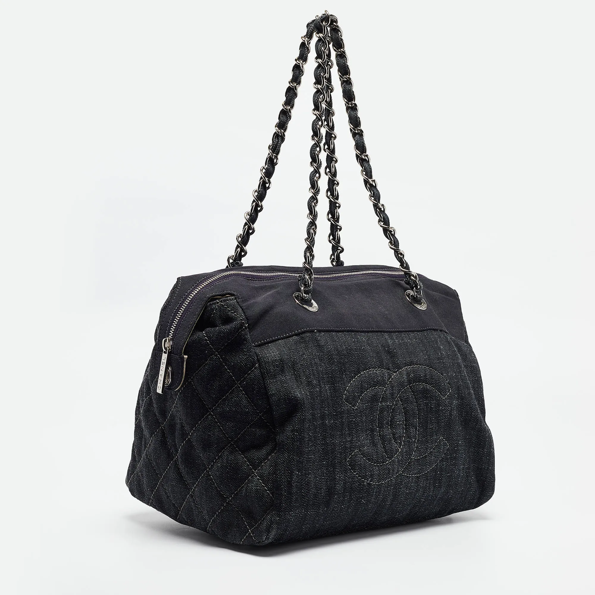 CHANEL Dark Blue Quilted Denim Bowler Bag