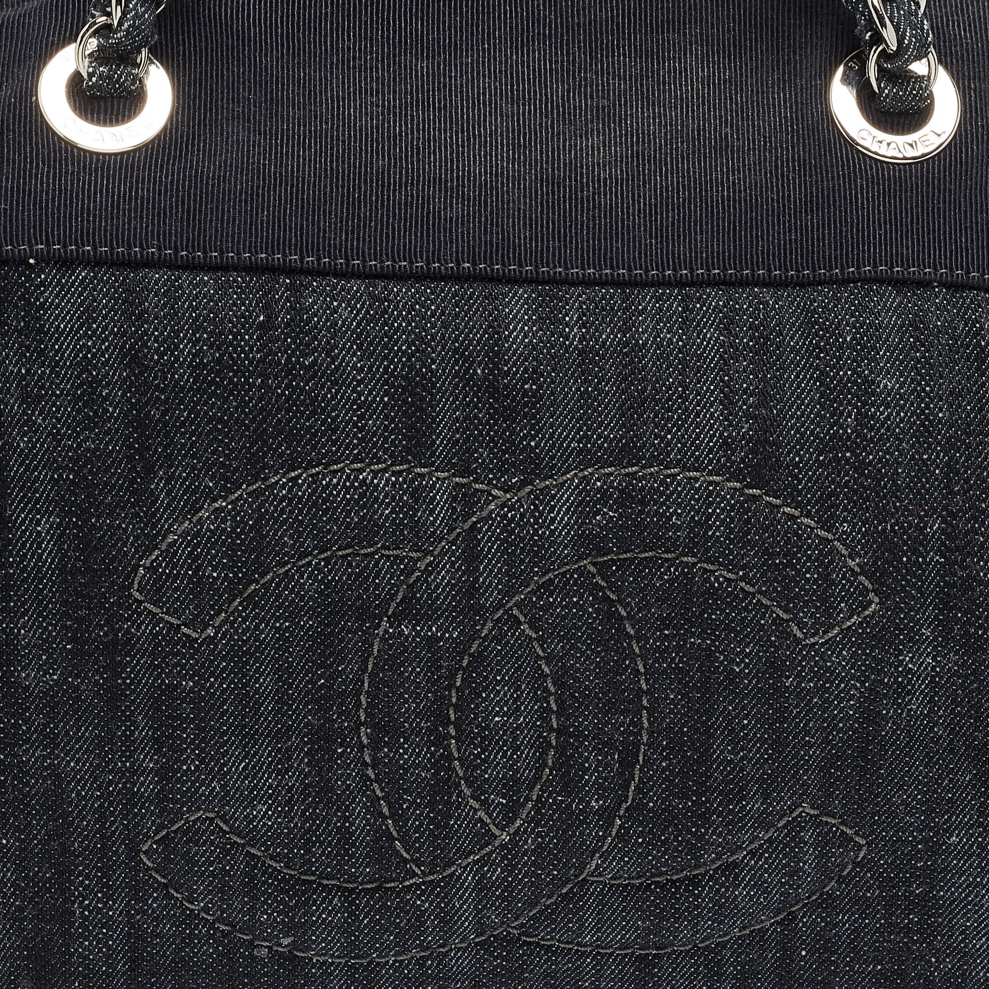 CHANEL Dark Blue Quilted Denim Bowler Bag