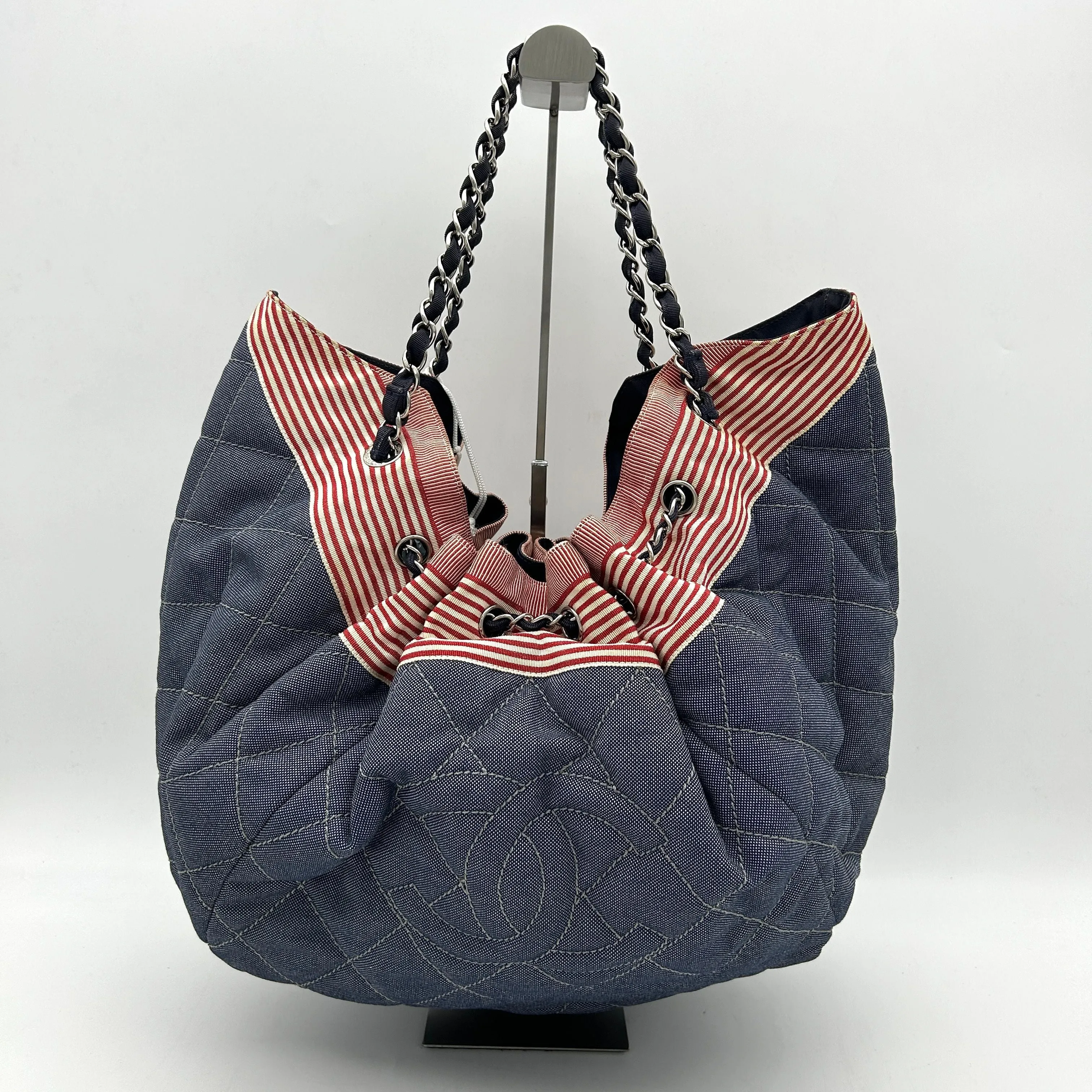 CHANEL Denim Quilted Large Stretch Spirit Cabas Blue LA11947