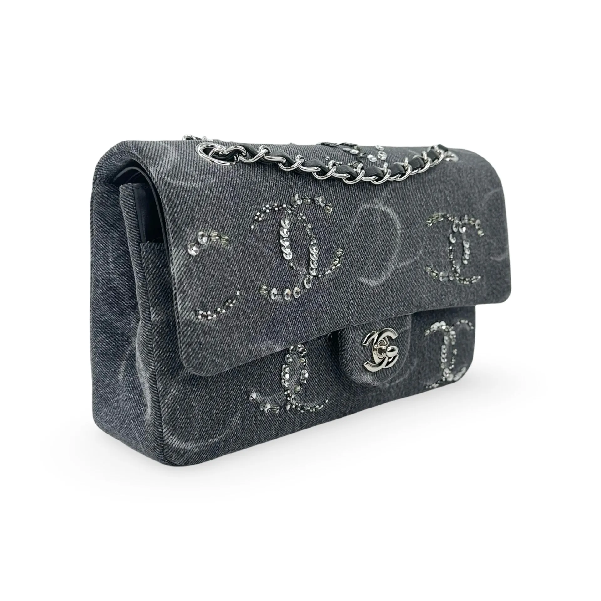 CHANEL: Denim Sequin Medium Classic Double Flap