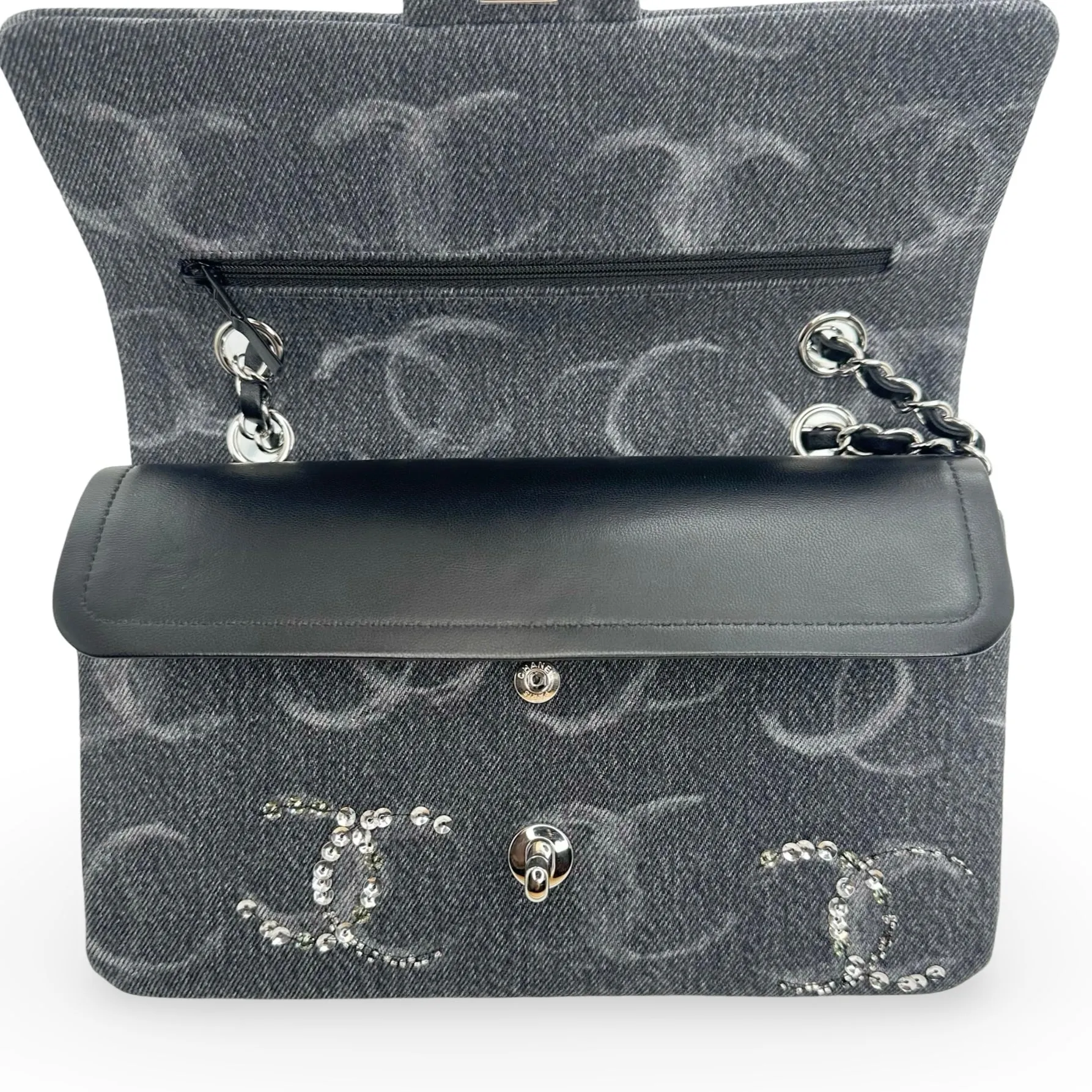 CHANEL: Denim Sequin Medium Classic Double Flap