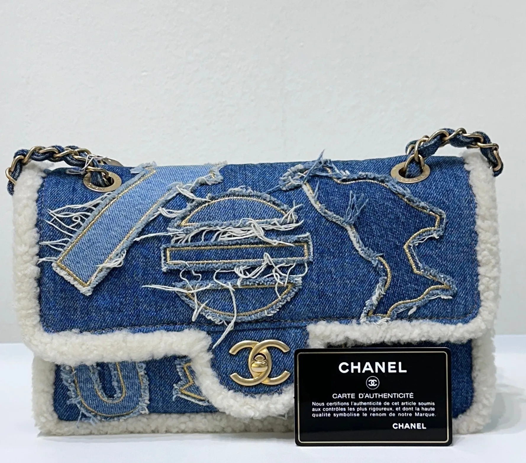 CHANEL Denim Shearling Hieroglyph Flap Blue