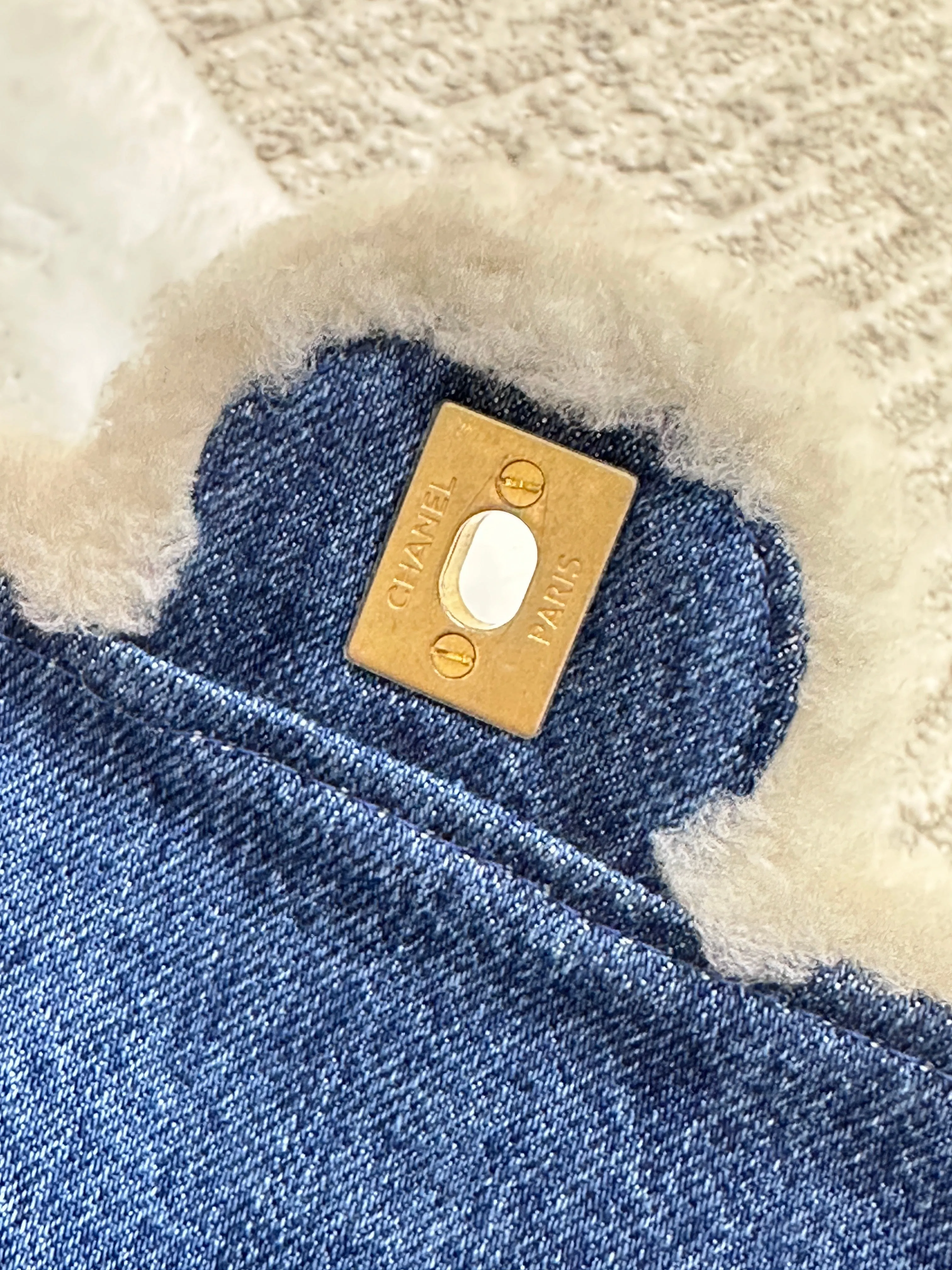 CHANEL Denim Shearling Hieroglyph Flap Blue