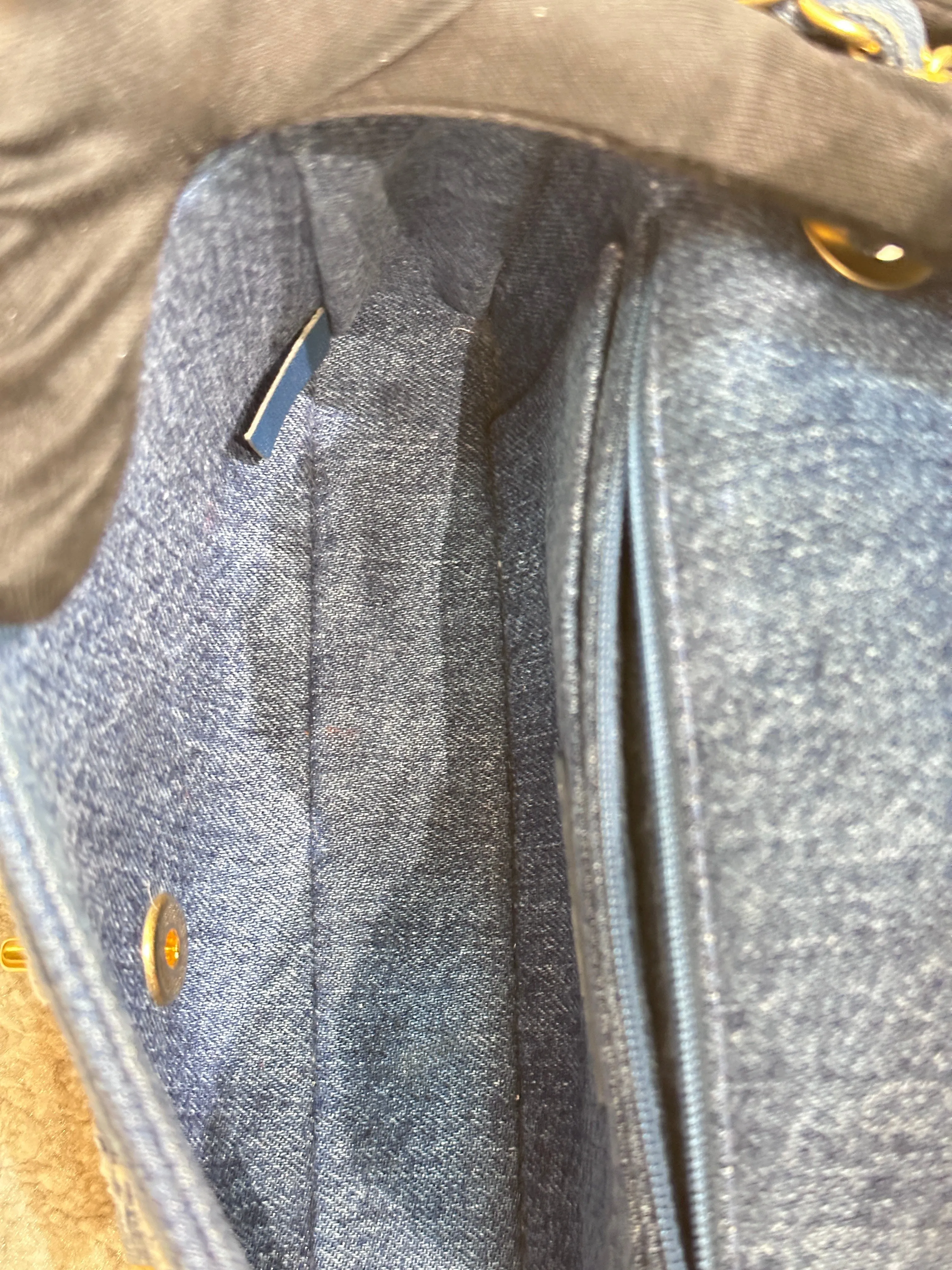 CHANEL Denim Shearling Hieroglyph Flap Blue