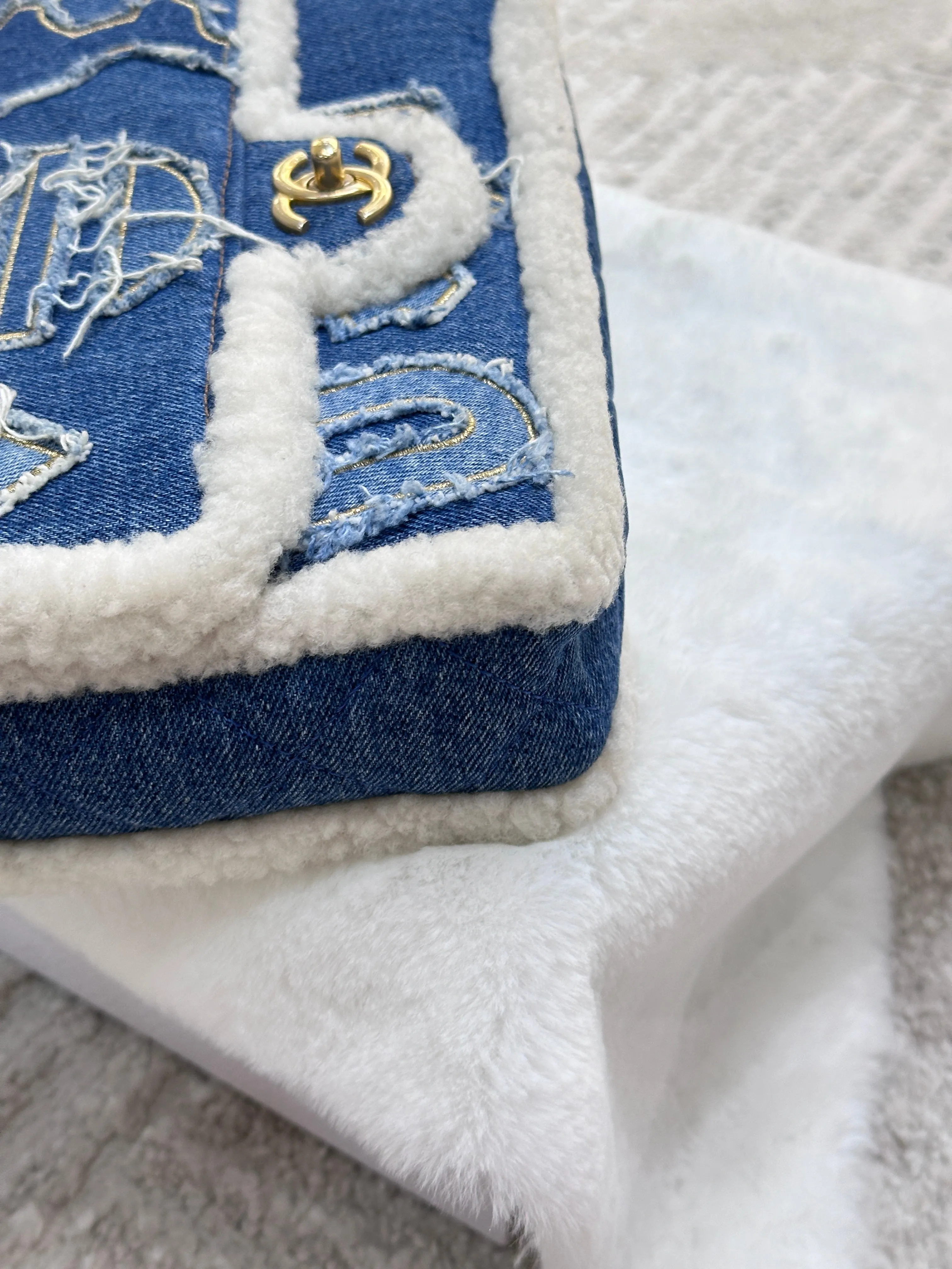 CHANEL Denim Shearling Hieroglyph Flap Blue