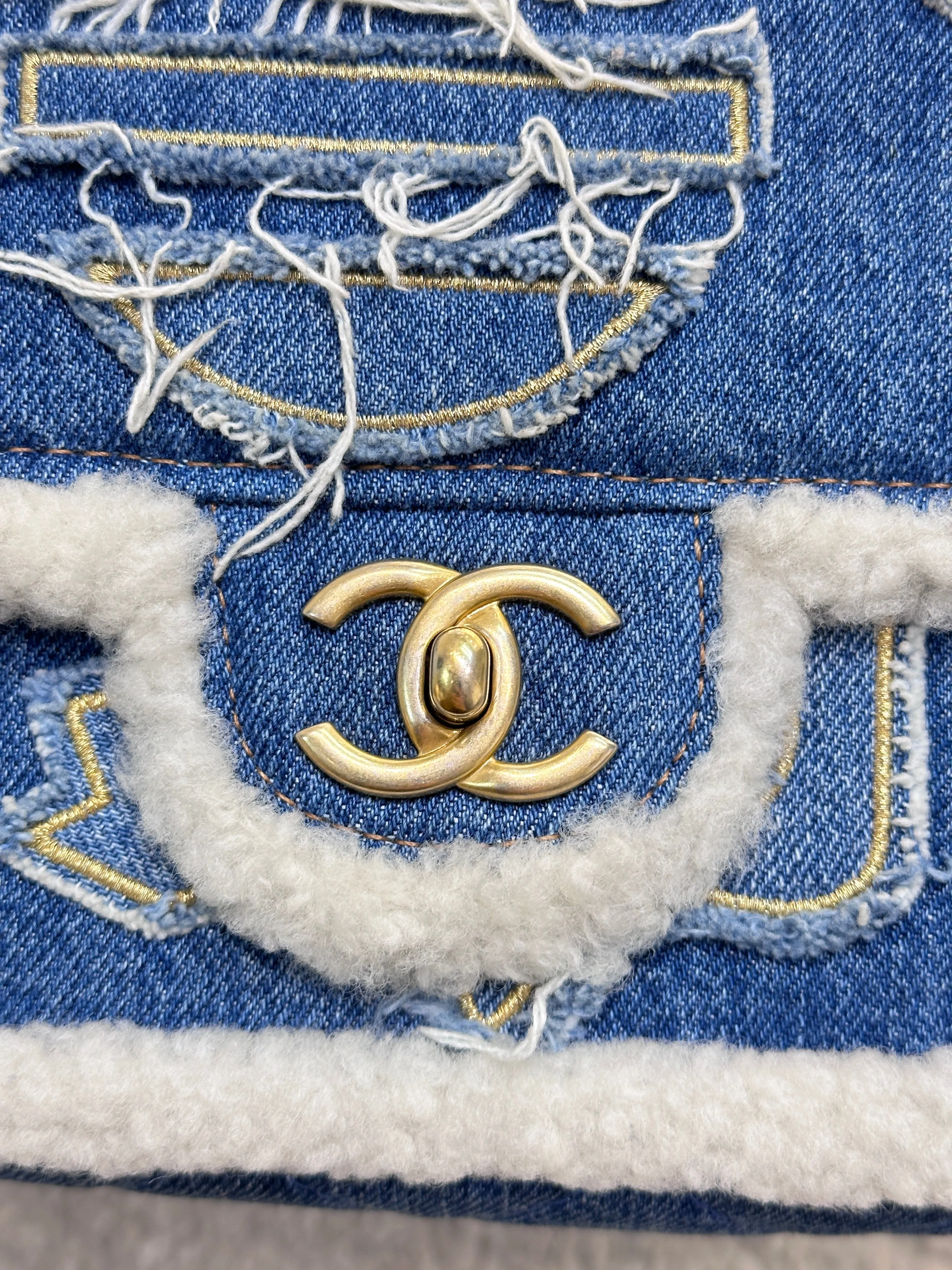 CHANEL Denim Shearling Hieroglyph Flap Blue