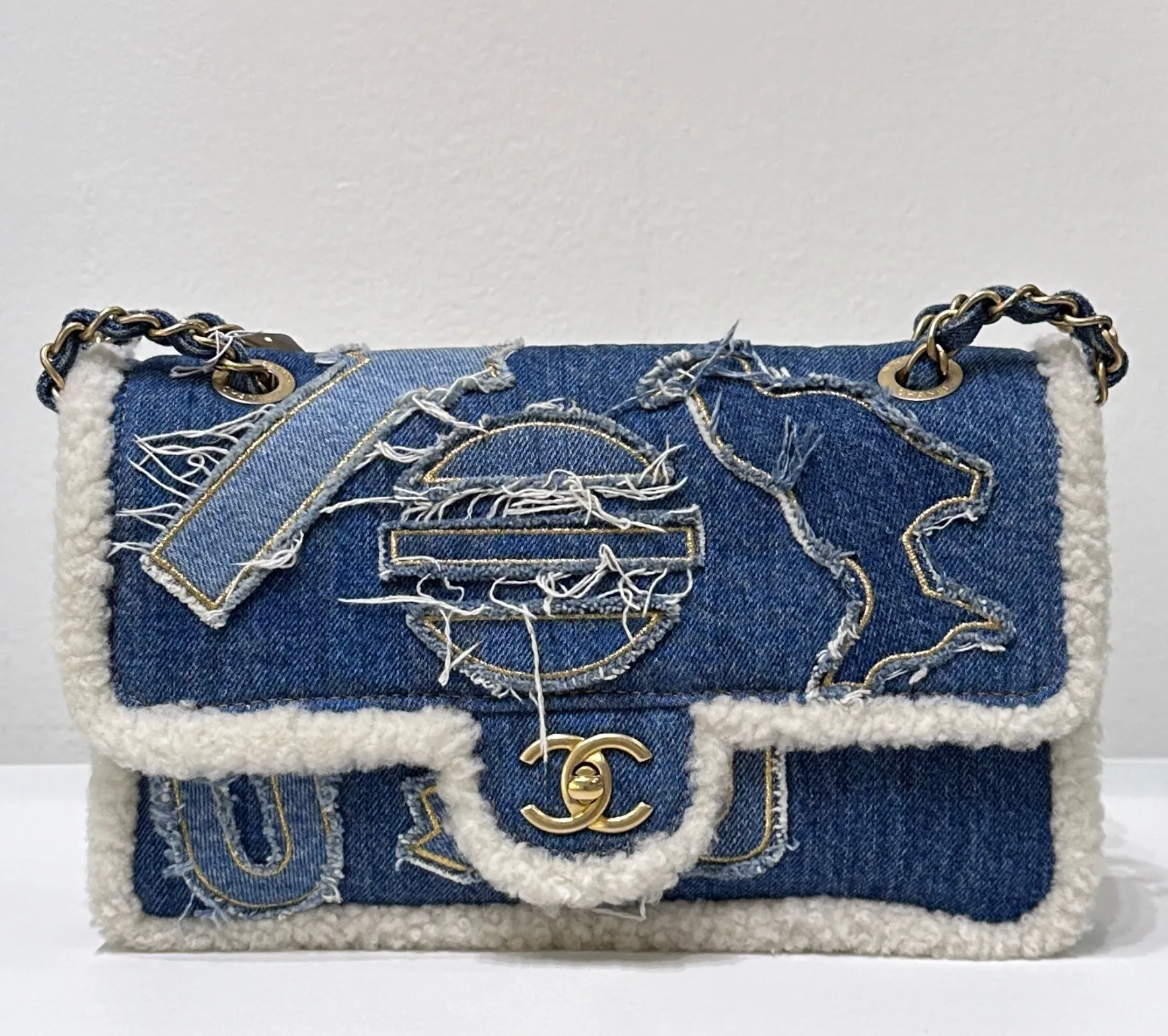 CHANEL Denim Shearling Hieroglyph Flap Blue