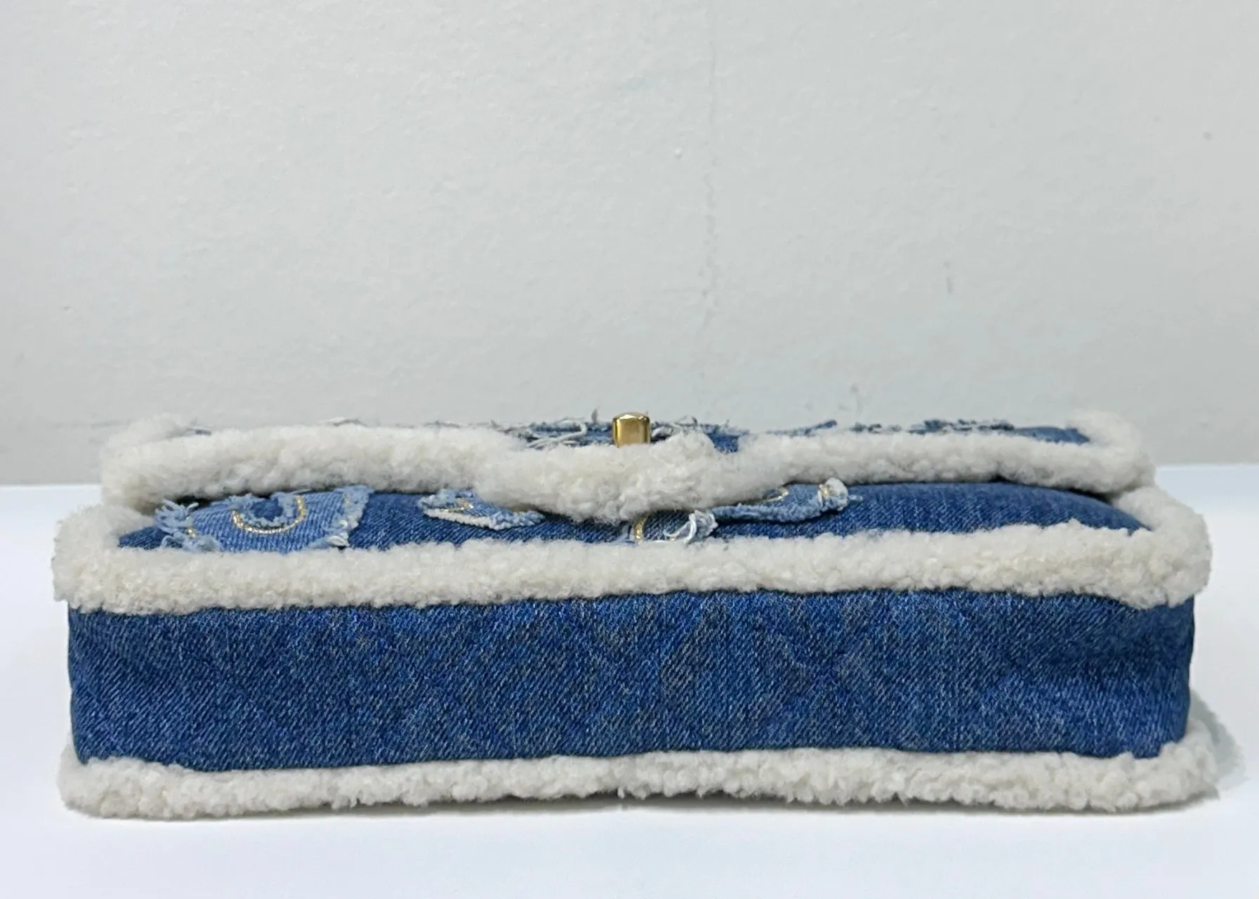 CHANEL Denim Shearling Hieroglyph Flap Blue