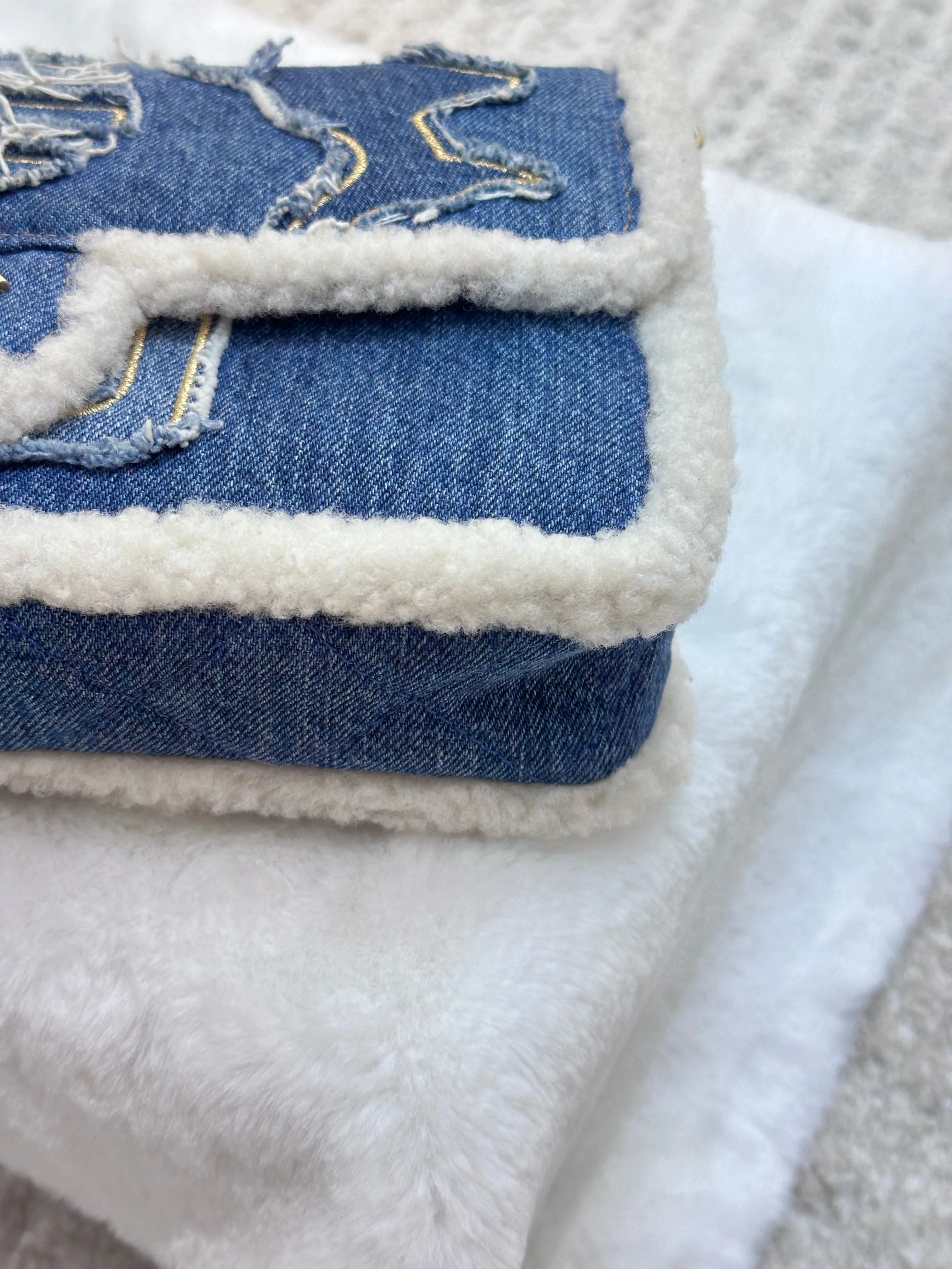 CHANEL Denim Shearling Hieroglyph Flap Blue
