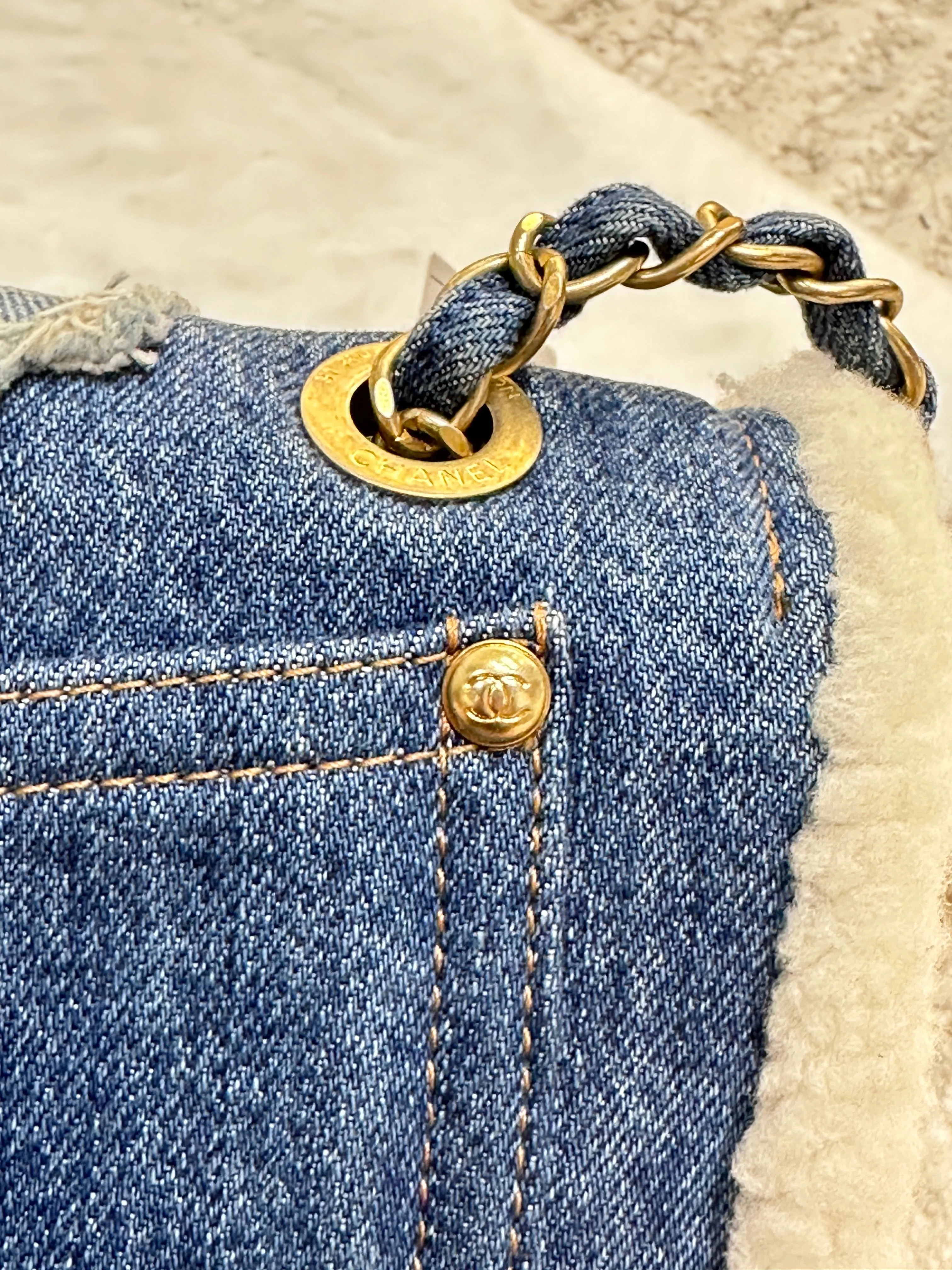 CHANEL Denim Shearling Hieroglyph Flap Blue
