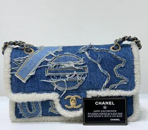 CHANEL Denim Shearling Hieroglyph Flap Blue