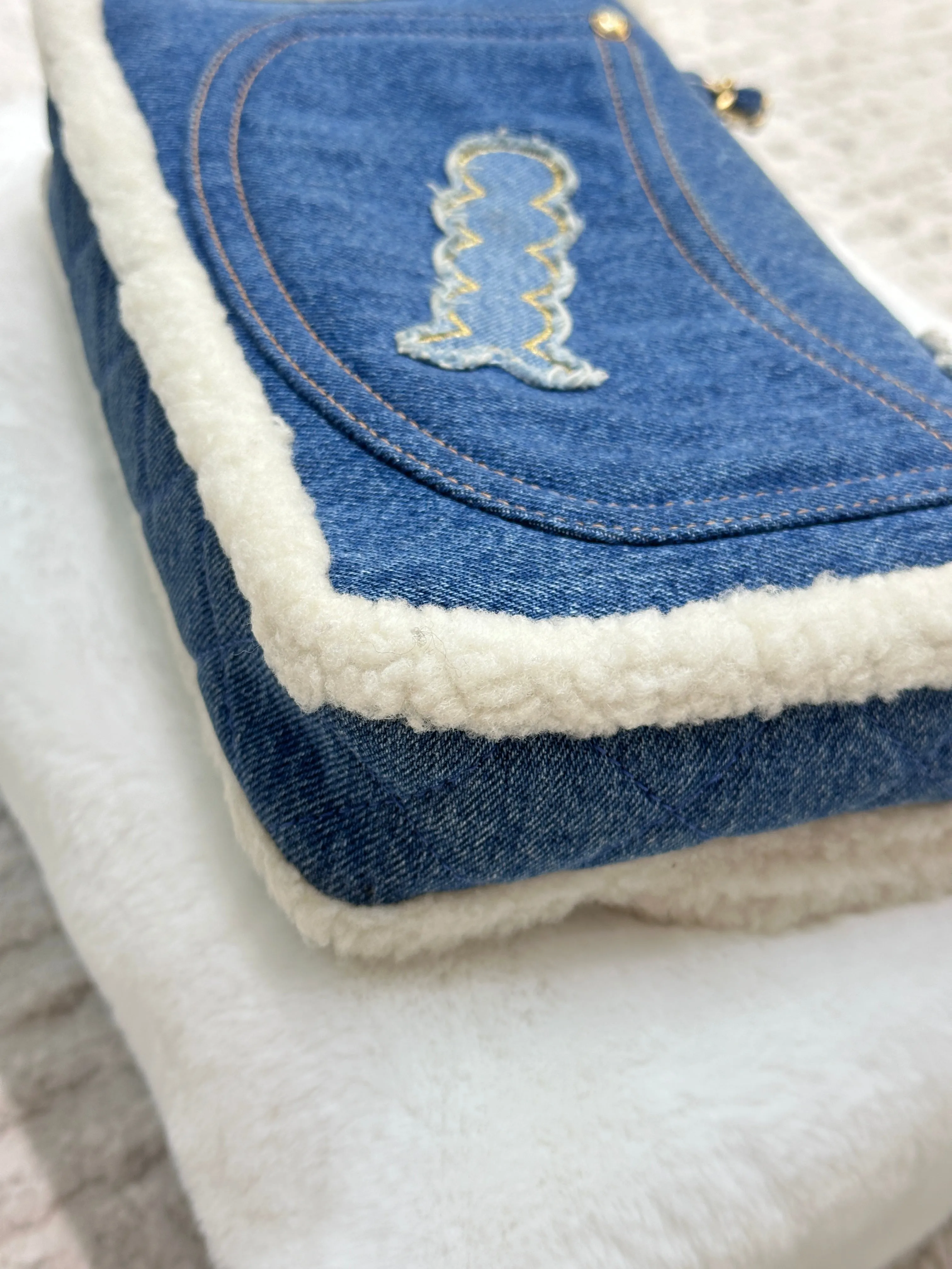 CHANEL Denim Shearling Hieroglyph Flap Blue