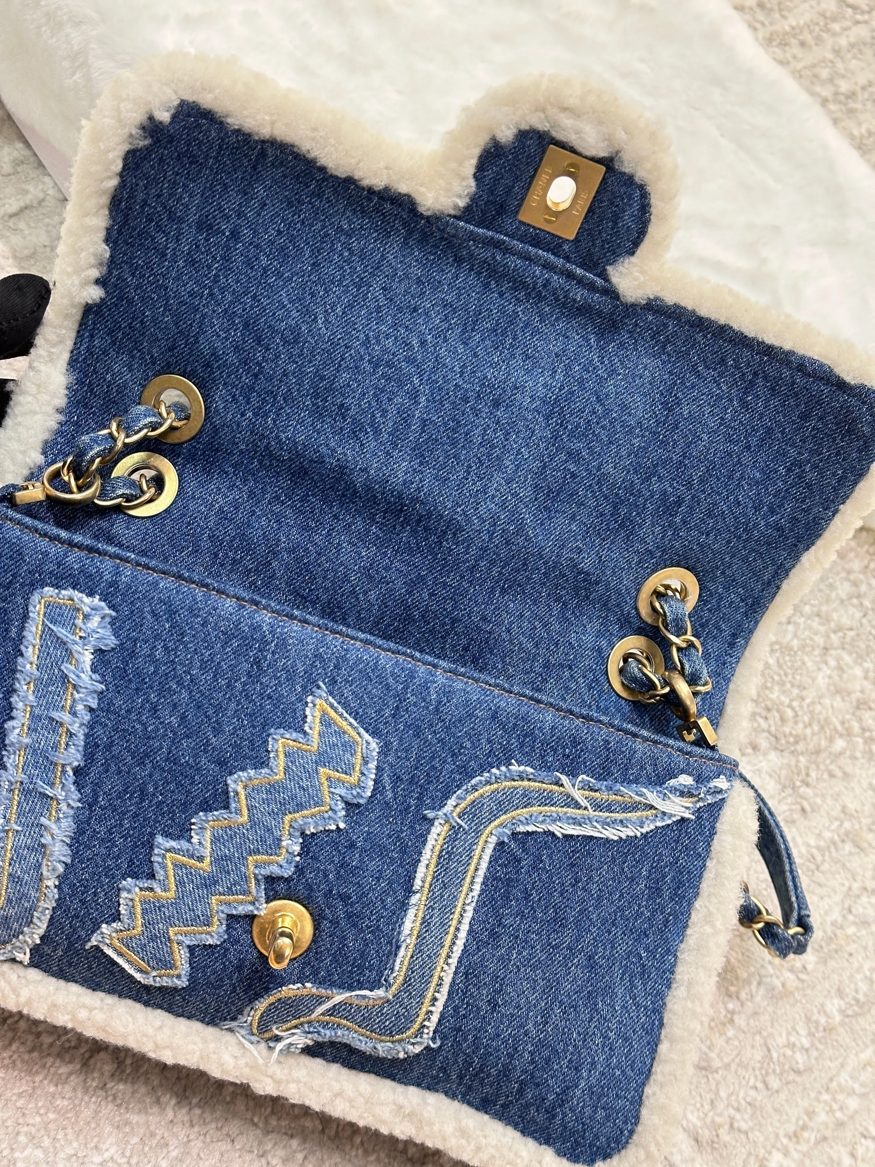 CHANEL Denim Shearling Hieroglyph Flap Blue