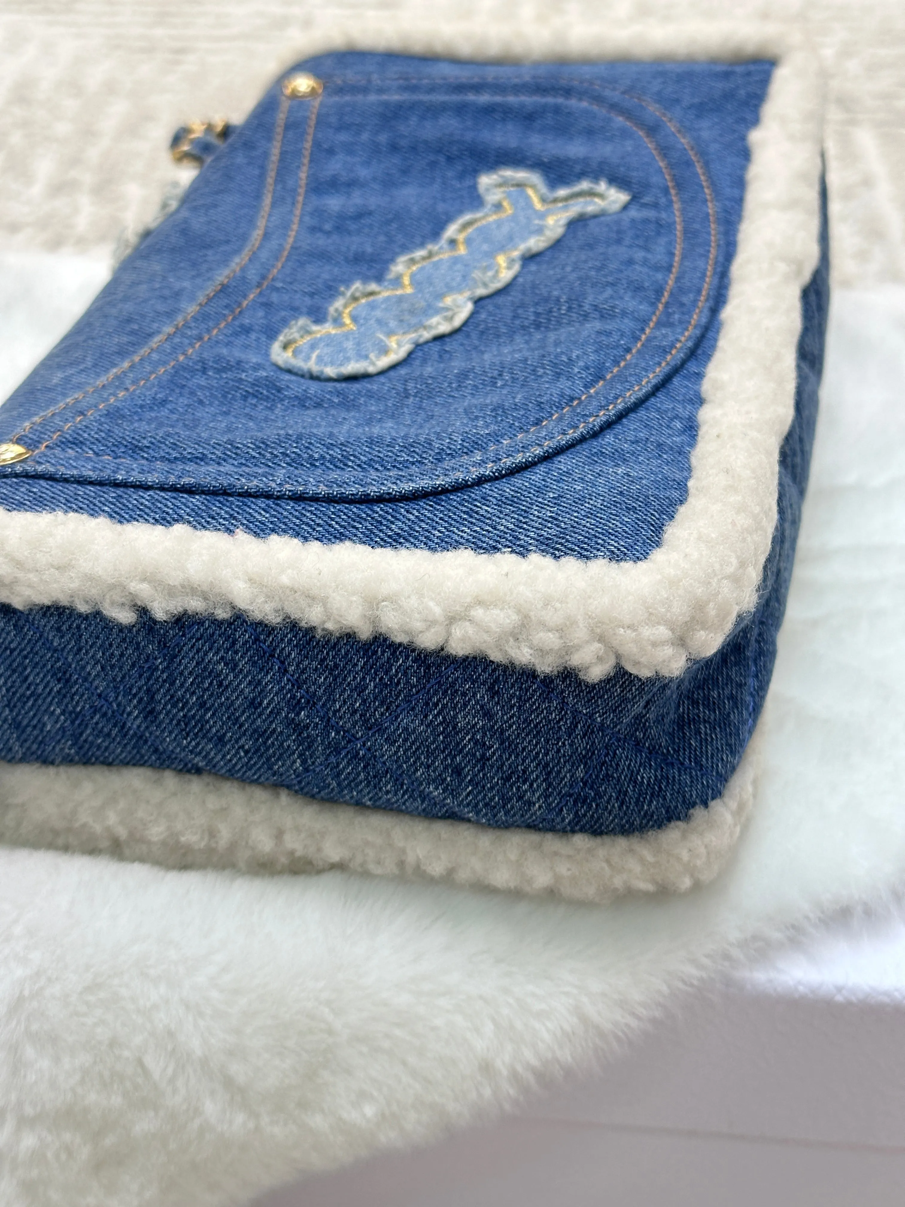 CHANEL Denim Shearling Hieroglyph Flap Blue
