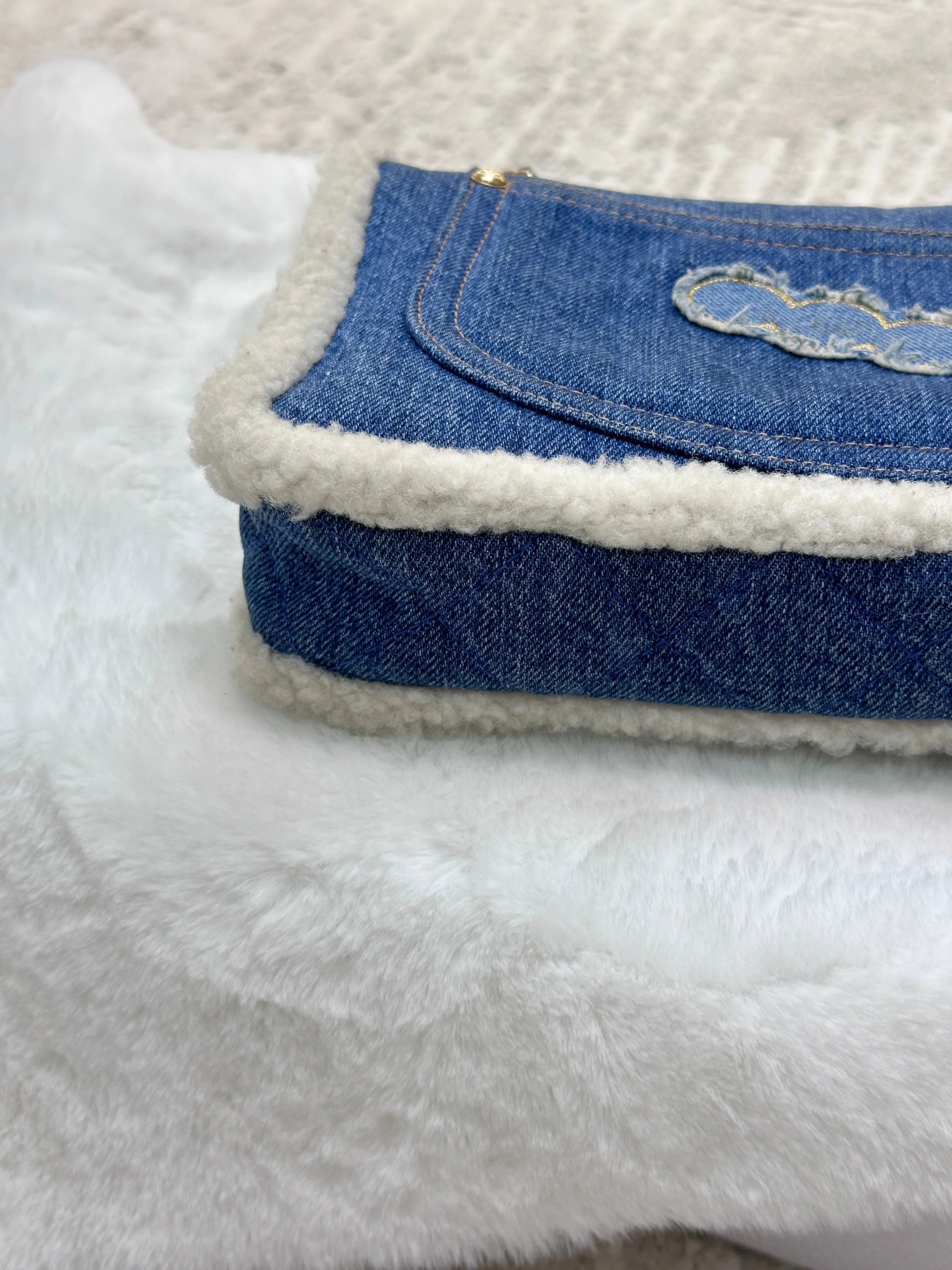 CHANEL Denim Shearling Hieroglyph Flap Blue