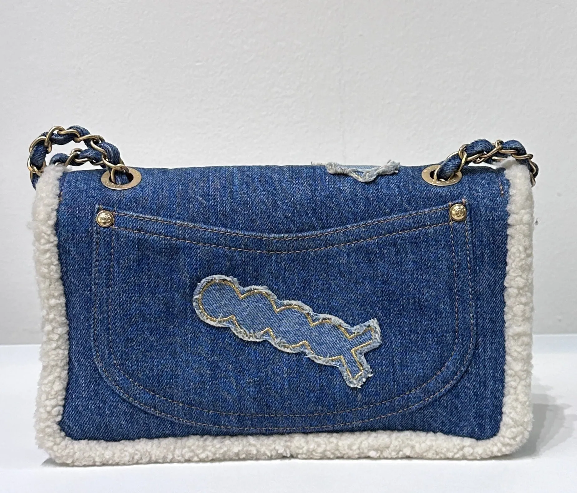 CHANEL Denim Shearling Hieroglyph Flap Blue