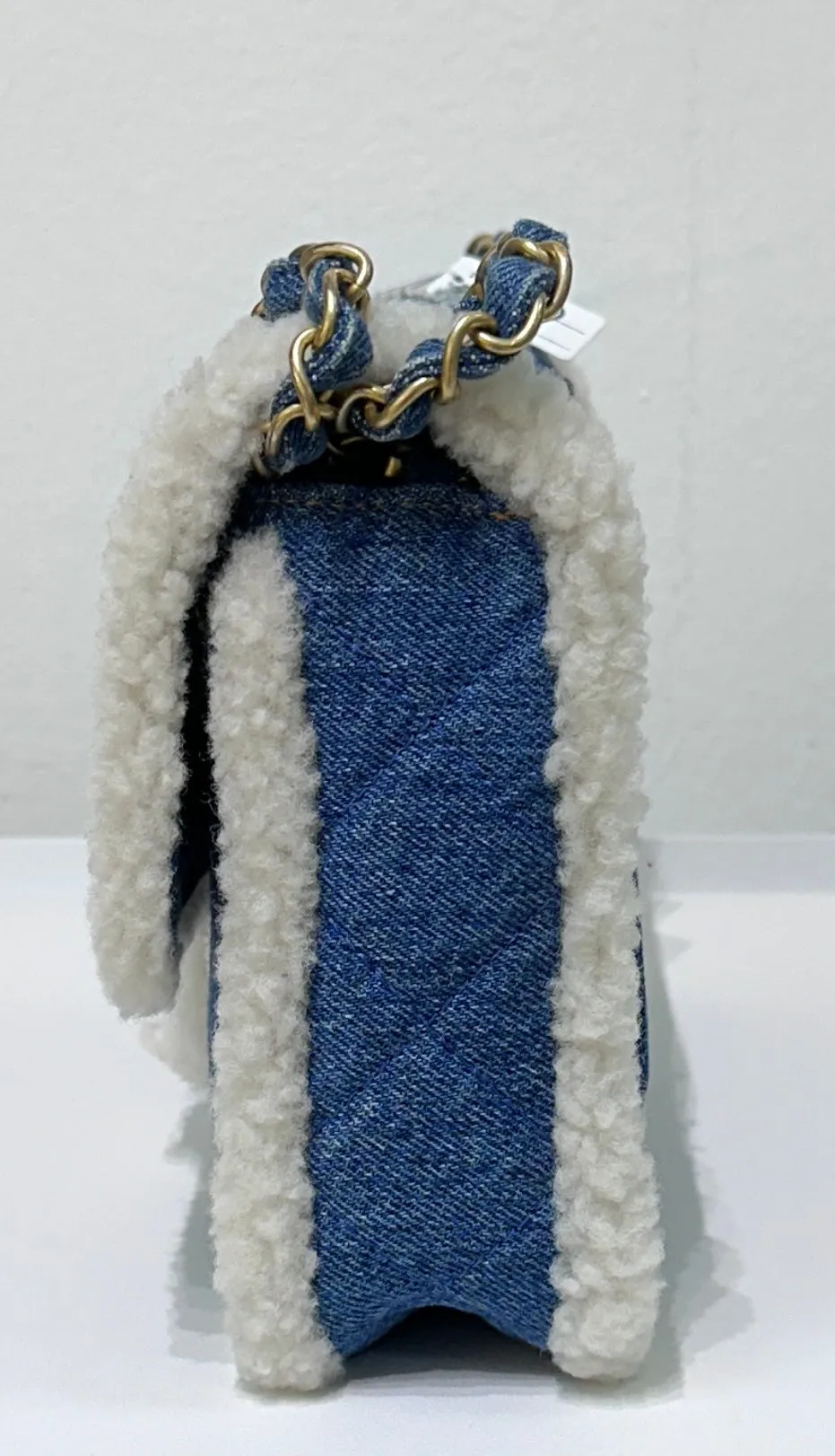 CHANEL Denim Shearling Hieroglyph Flap Blue