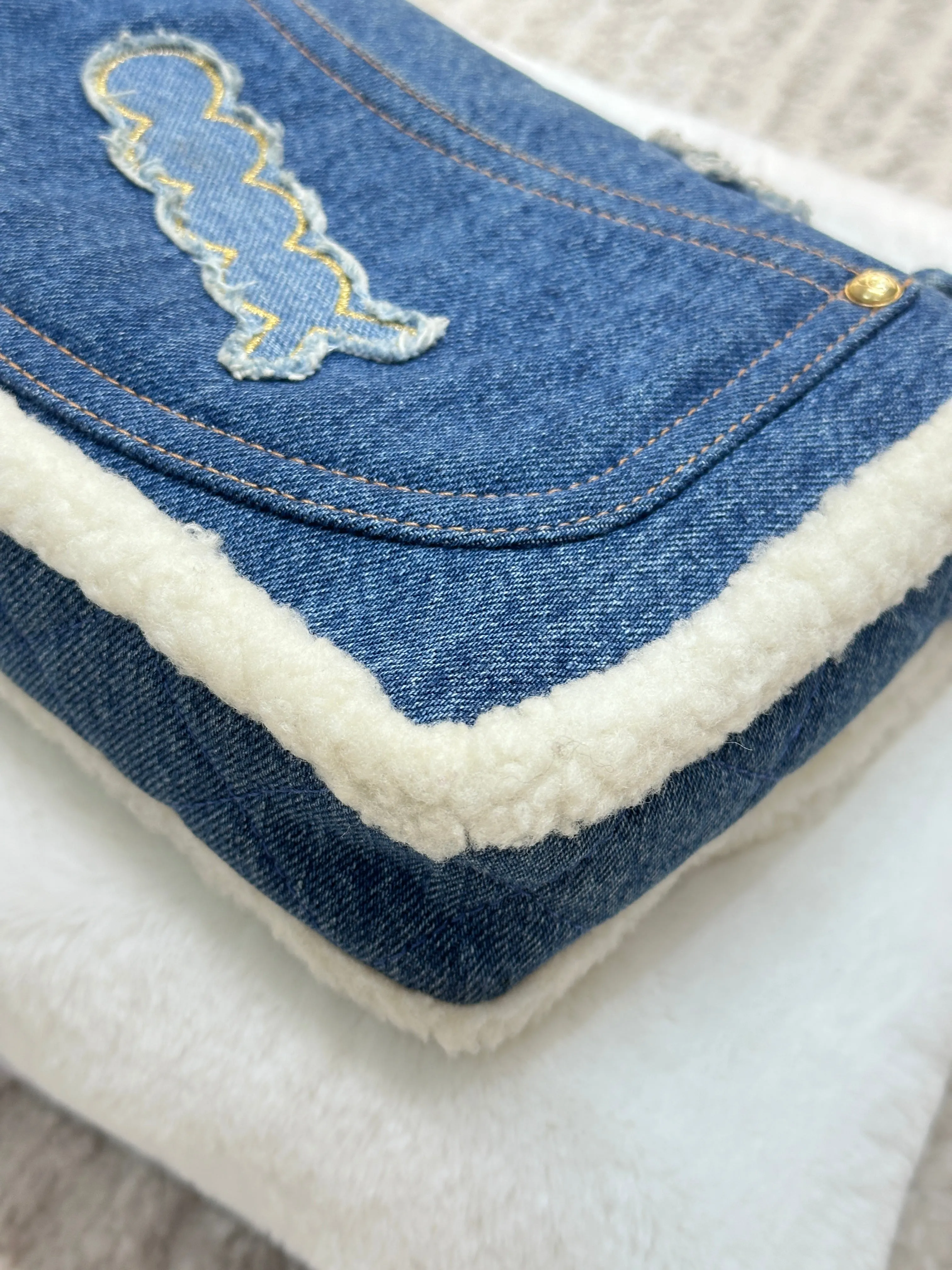 CHANEL Denim Shearling Hieroglyph Flap Blue