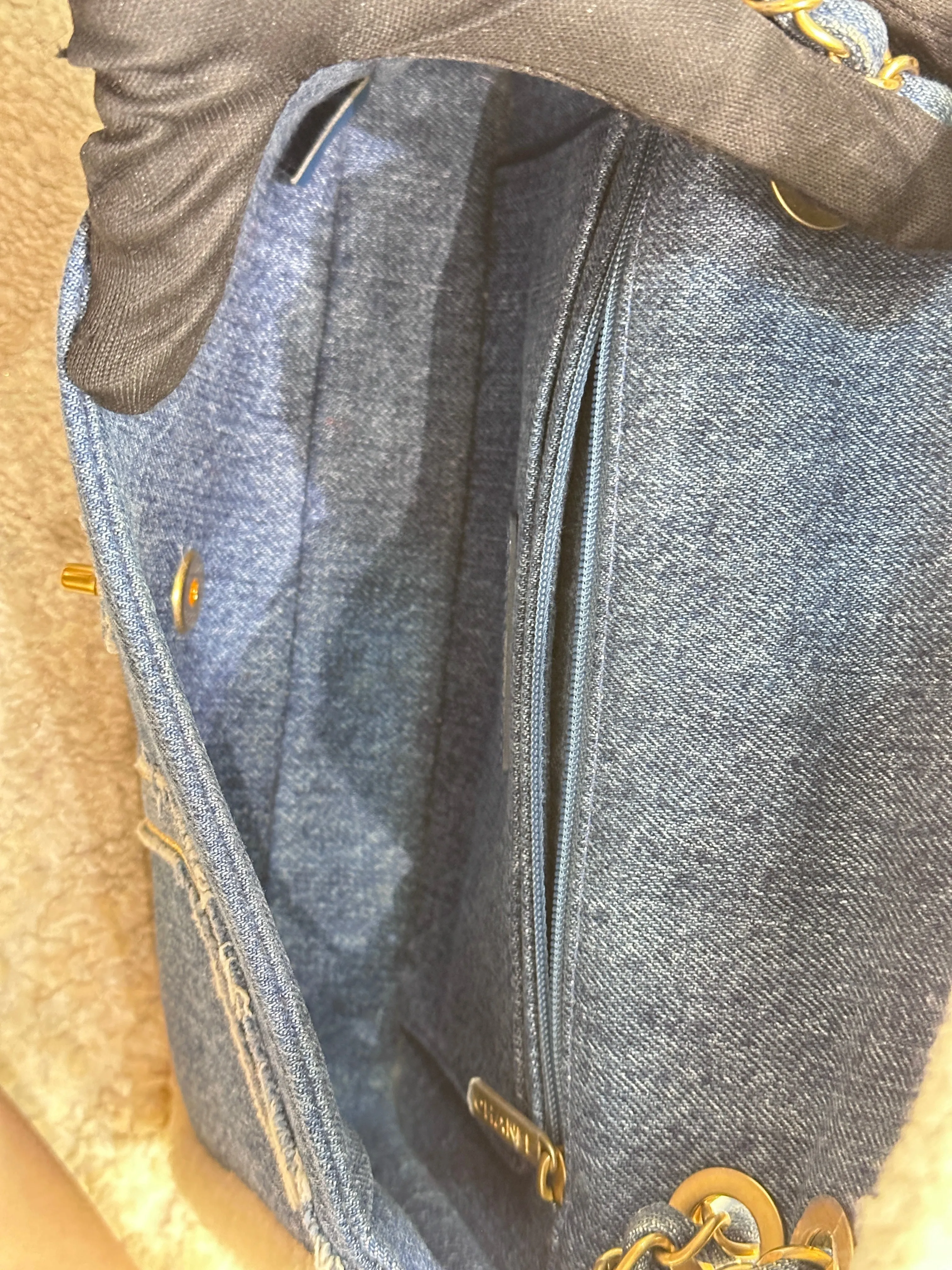 CHANEL Denim Shearling Hieroglyph Flap Blue