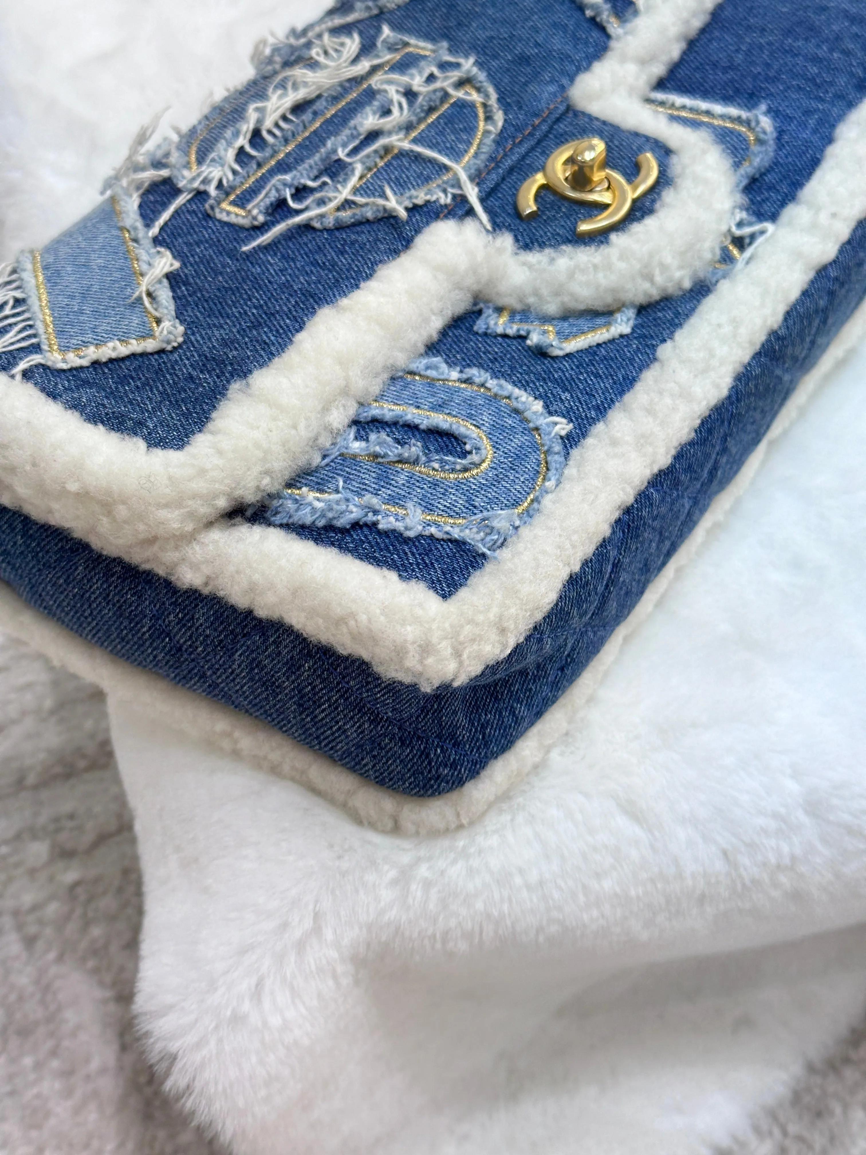 CHANEL Denim Shearling Hieroglyph Flap Blue