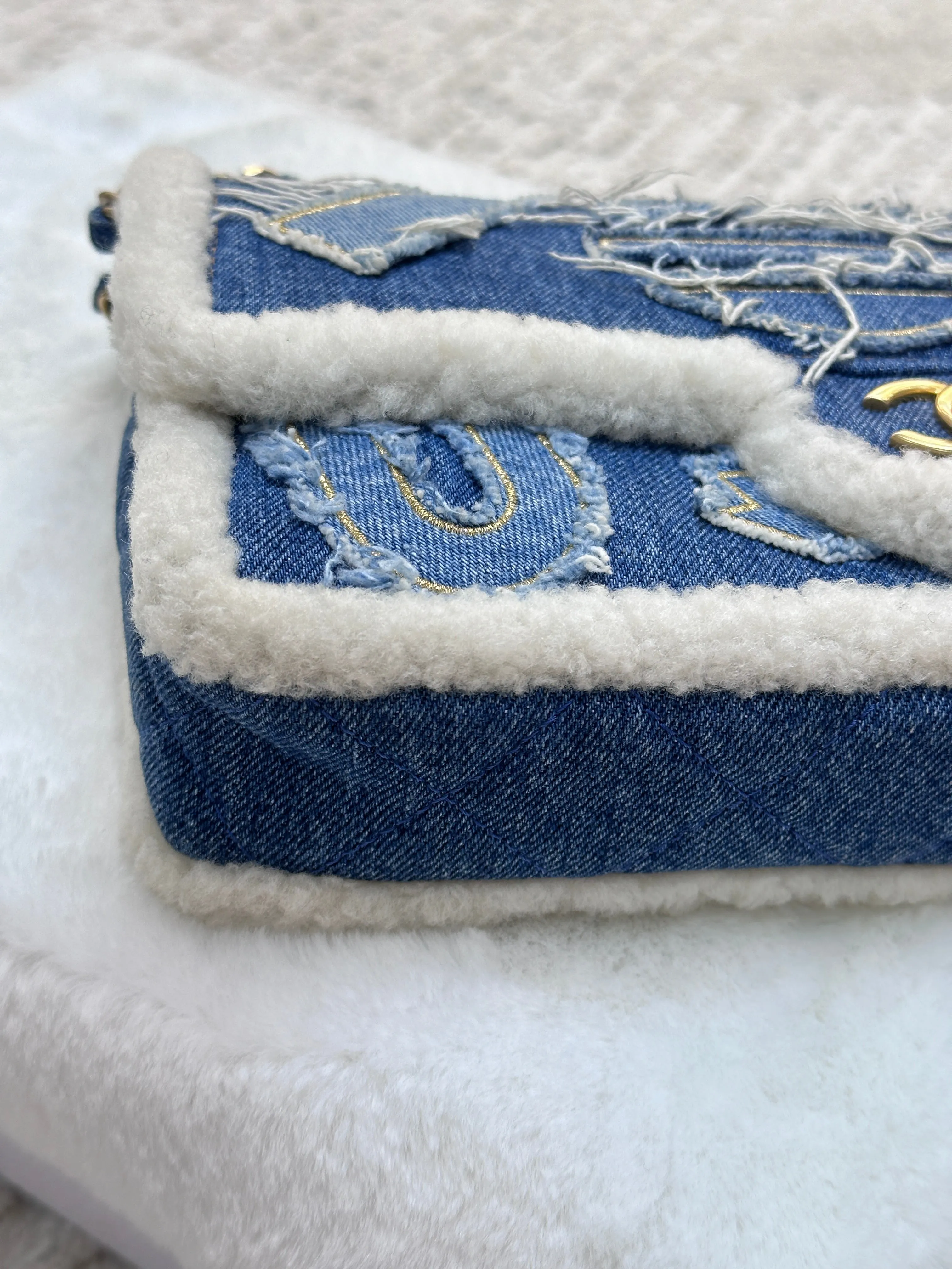 CHANEL Denim Shearling Hieroglyph Flap Blue