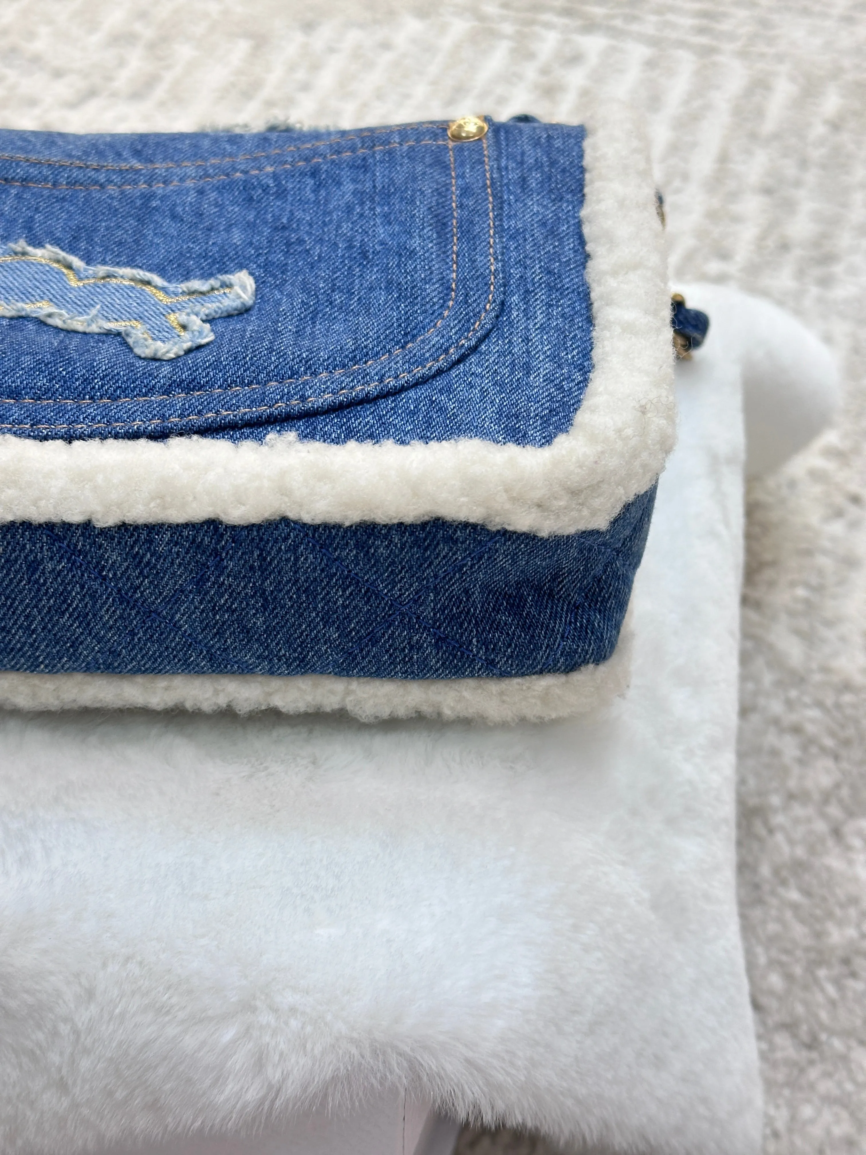CHANEL Denim Shearling Hieroglyph Flap Blue