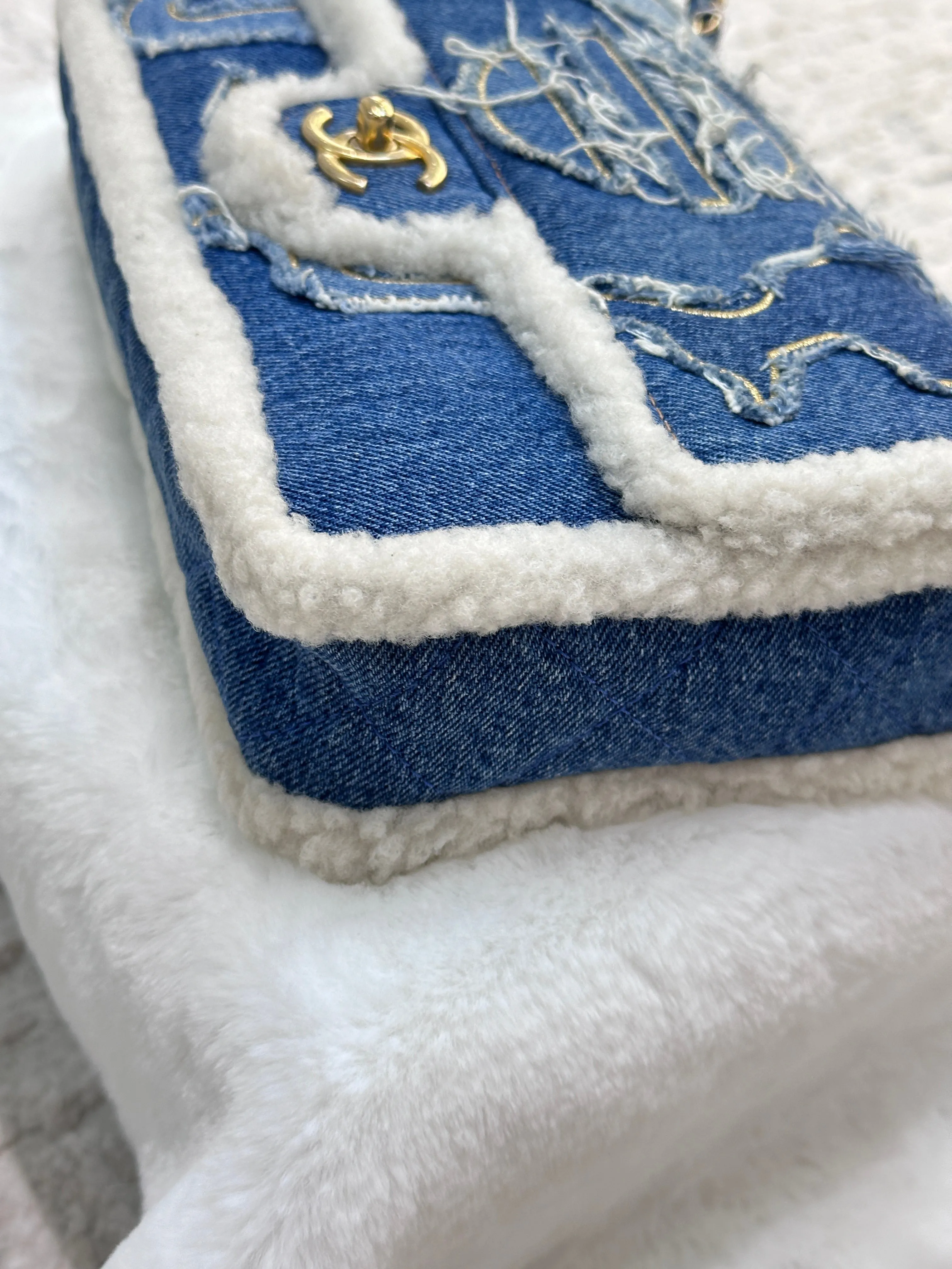 CHANEL Denim Shearling Hieroglyph Flap Blue