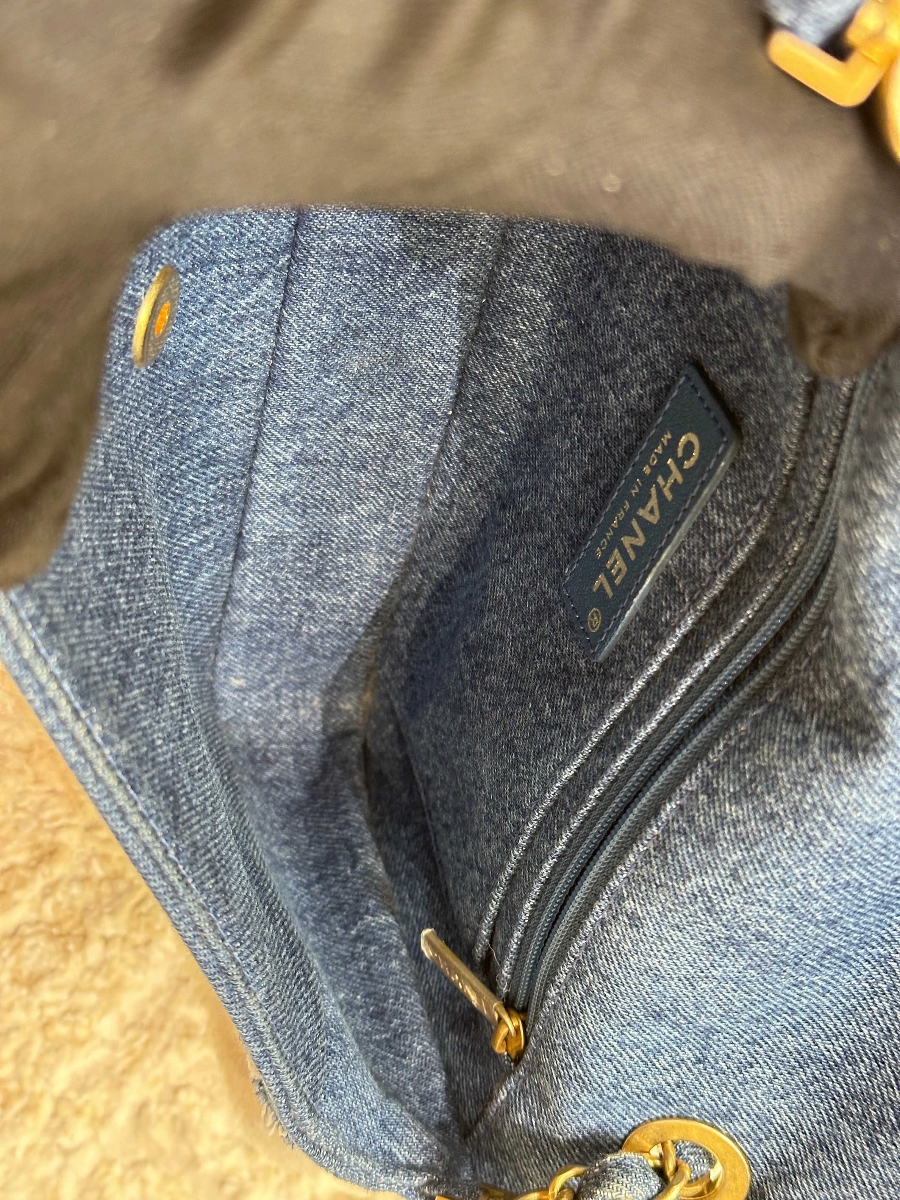 CHANEL Denim Shearling Hieroglyph Flap Blue