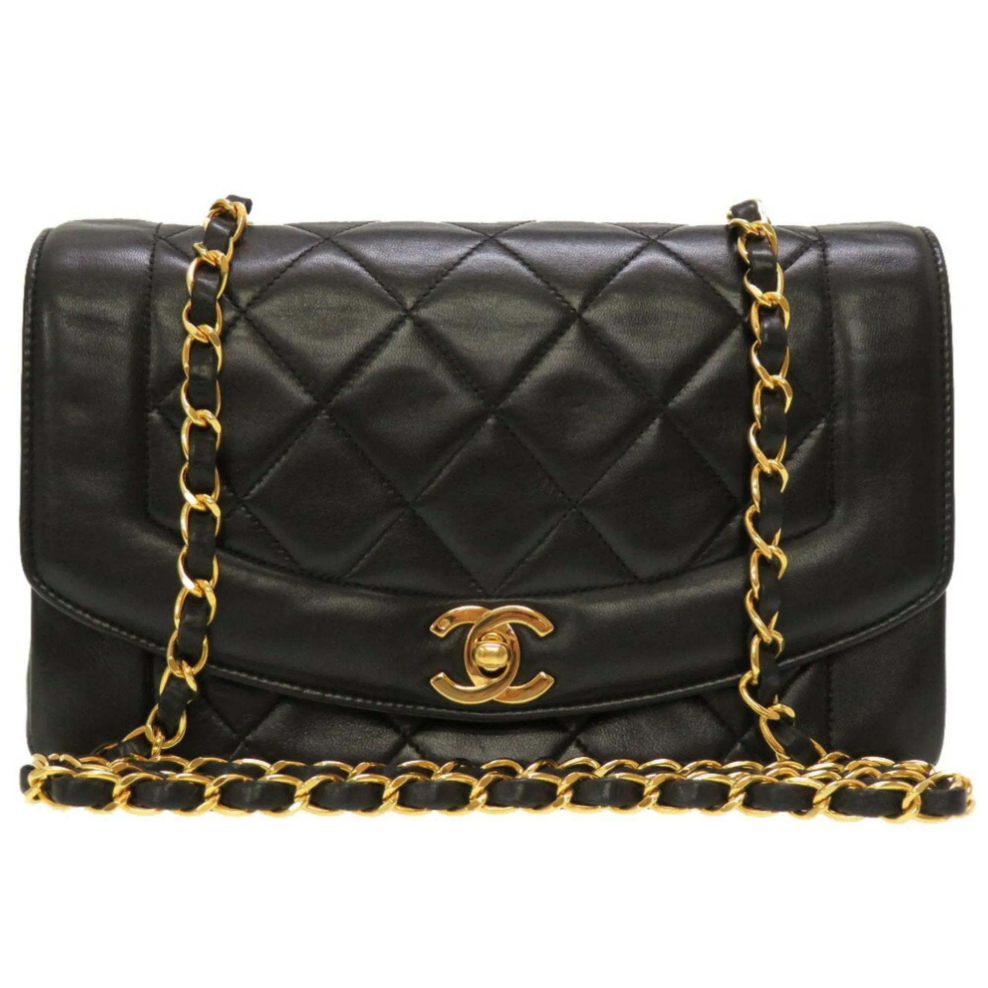 Chanel Diana 22 Lambskin Black No. 4 Gold Chain Shoulder Bag Matelasse Coco Mark Turnlock