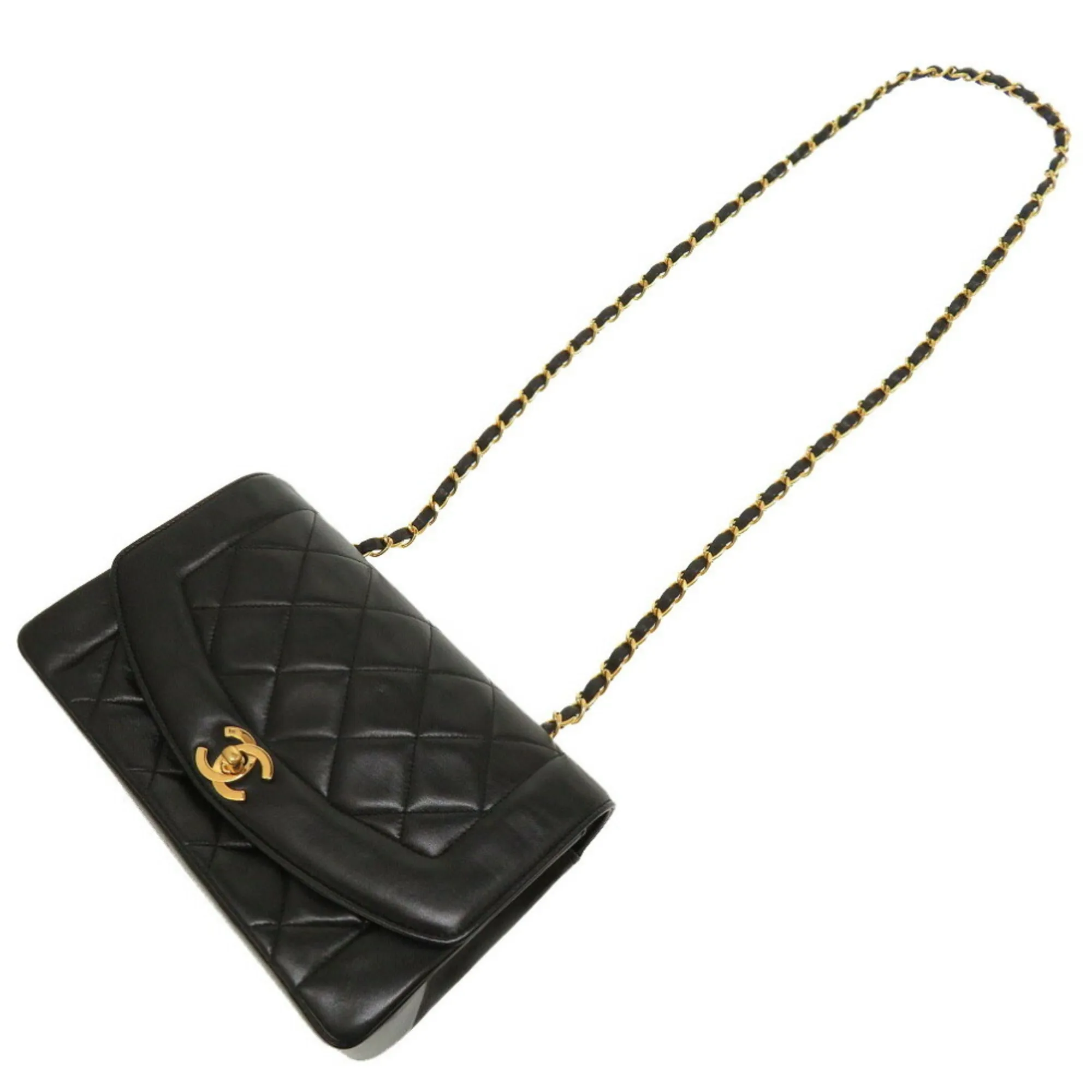 Chanel Diana 22 Lambskin Black No. 4 Gold Chain Shoulder Bag Matelasse Coco Mark Turnlock