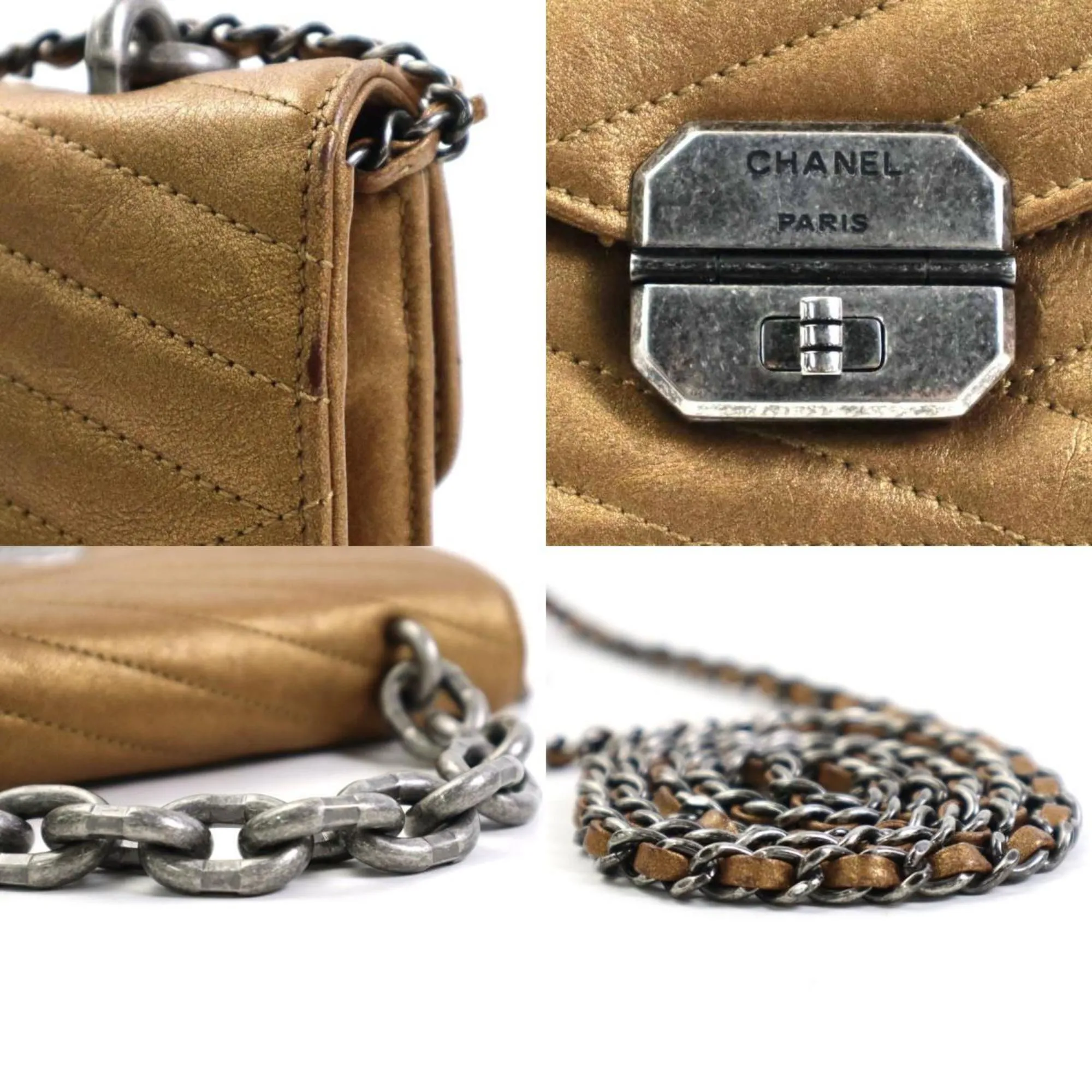 Chanel HandBag Diagonal Shoulder Bag Turn Lock Chain Leather/Metal Gold/Gunmetal