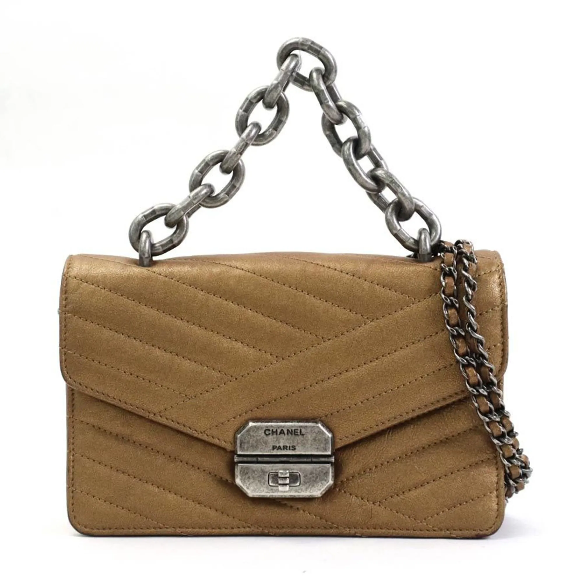 Chanel HandBag Diagonal Shoulder Bag Turn Lock Chain Leather/Metal Gold/Gunmetal