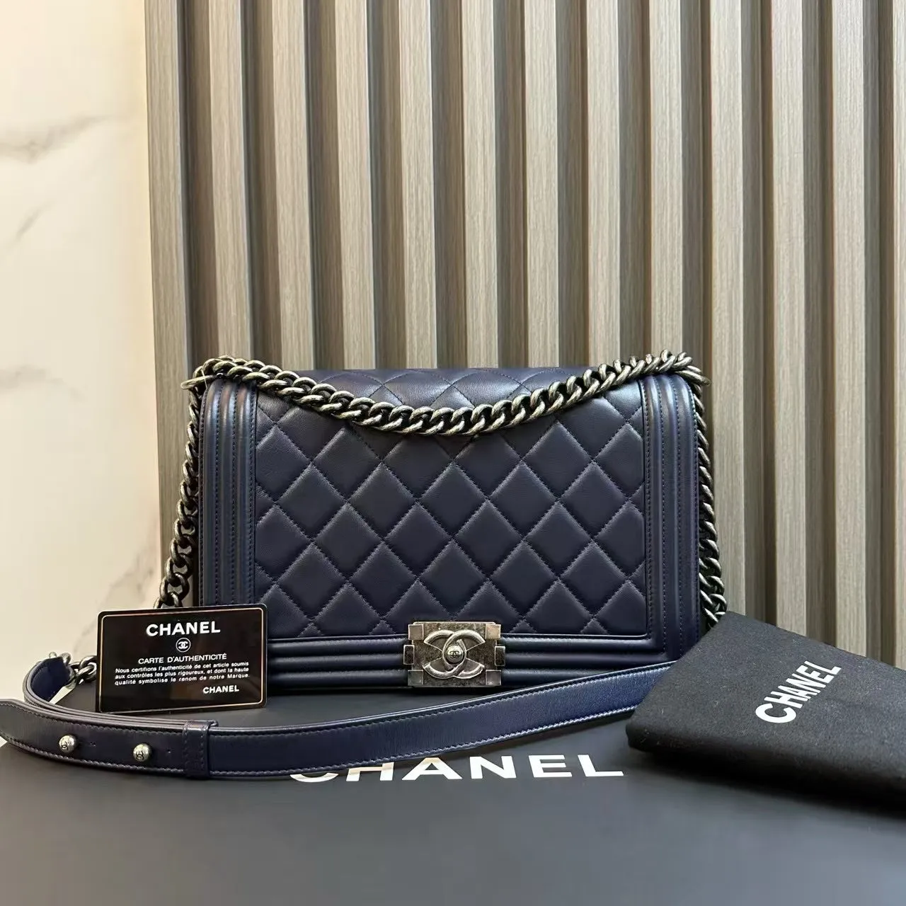 Chanel LeBoy Shoulder Bag Navy Leather 2014