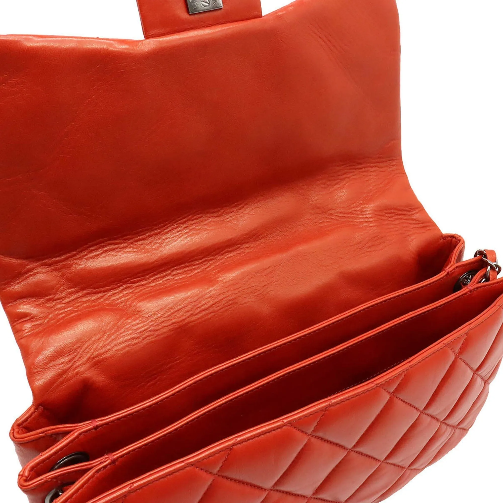 Chanel matelasse here mark chain shoulder Bag accordion leather blood orange