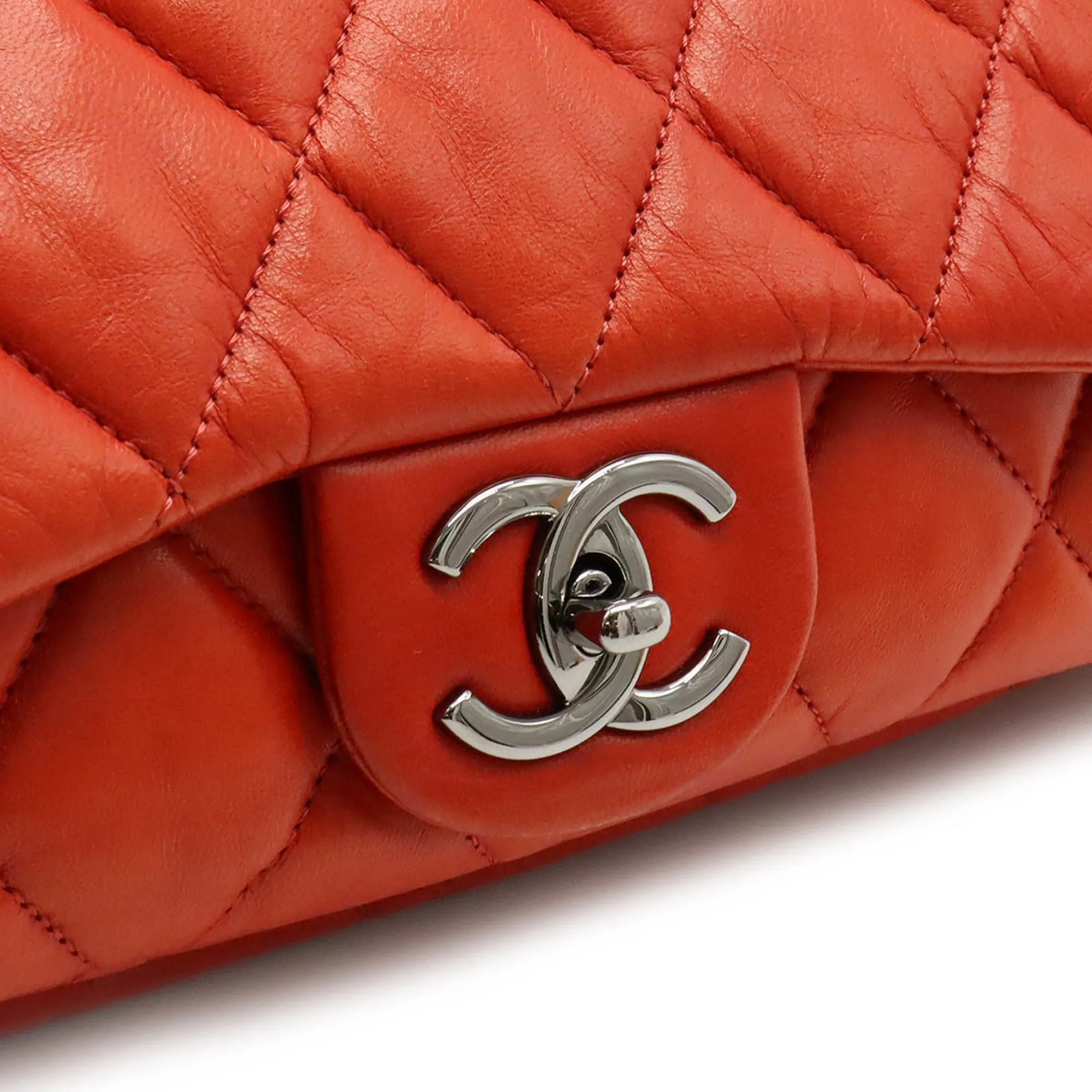 Chanel matelasse here mark chain shoulder Bag accordion leather blood orange